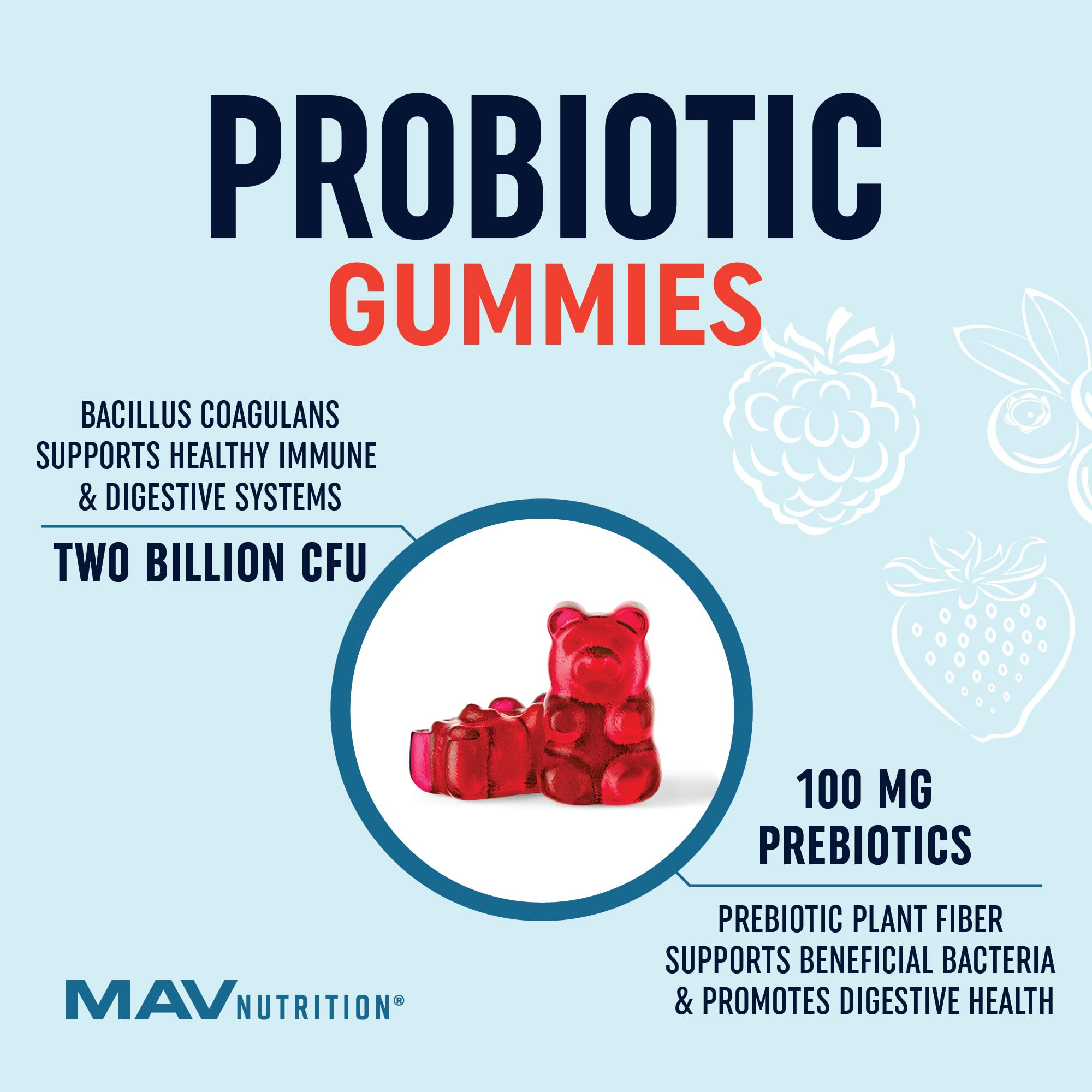 Kids Probiotic Gummies | 2 Billion Probiotics + 100mg Prebiotic Fiber for Immune & Digestion Support | Low Sugar Per Serving | For Children Ages 2+ | Gluten-Free, MAV NUTRITION buy supplements canada