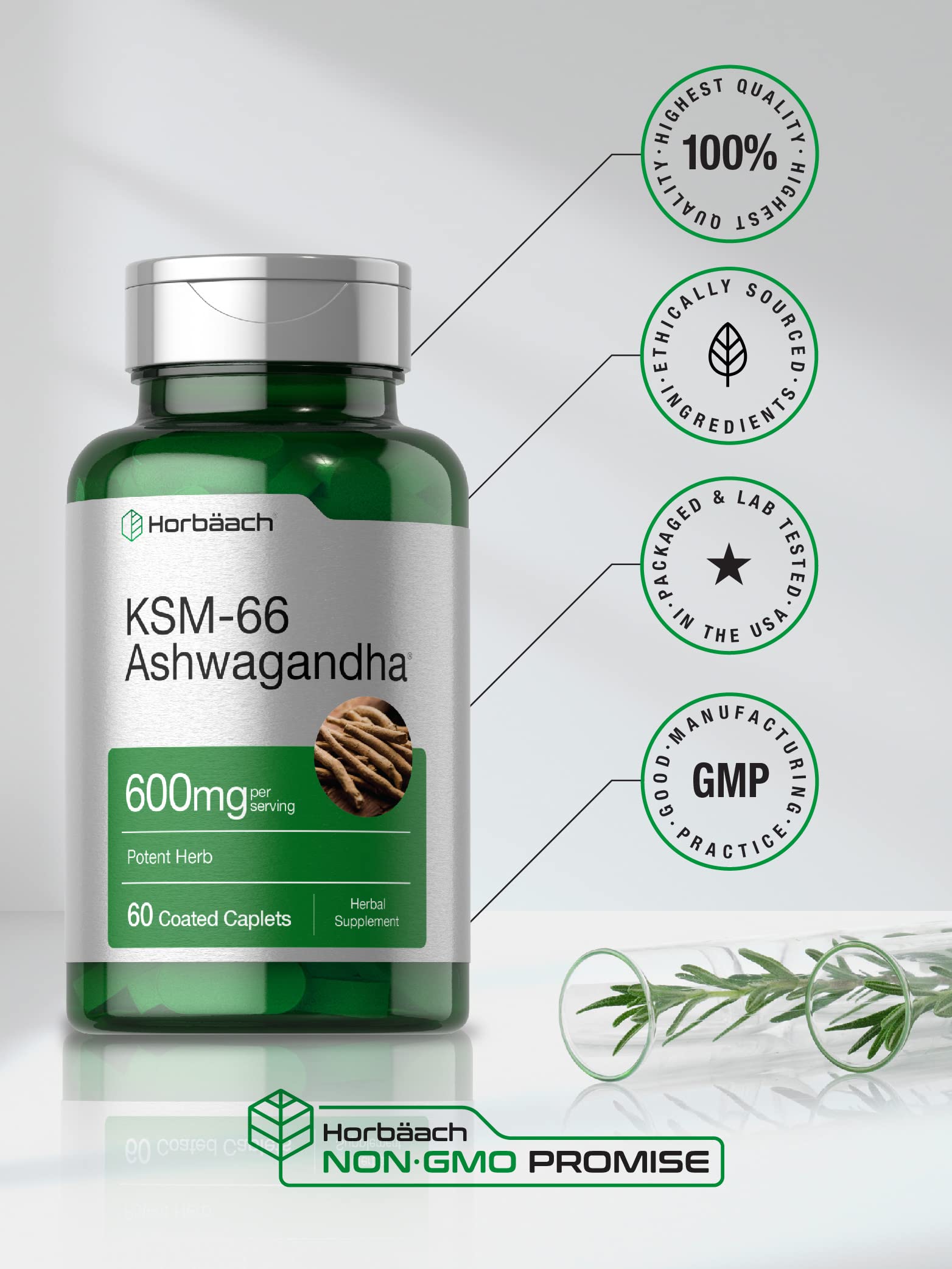 Horbäach KSM-66 Ashwagandha 600mg | with L-Theanine | 60 Coated Caplets | Vegan, Non-GMO, Gluten Free Complex Supplement Horbäach buy supplements canada
