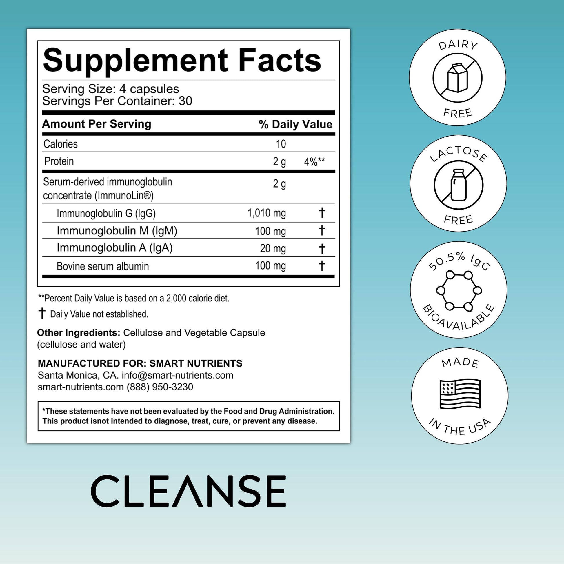CLEANSE | IgG Dairy-Free Colostrum | 50.5% IgG Potent Concentrated Immune Support | Daily Gut Health Detox, Energy, Prebiotics, Digestive Support | 120 Capsules | 30 Day Supply, 1-Pack Smart Nutrients buy supplements canada