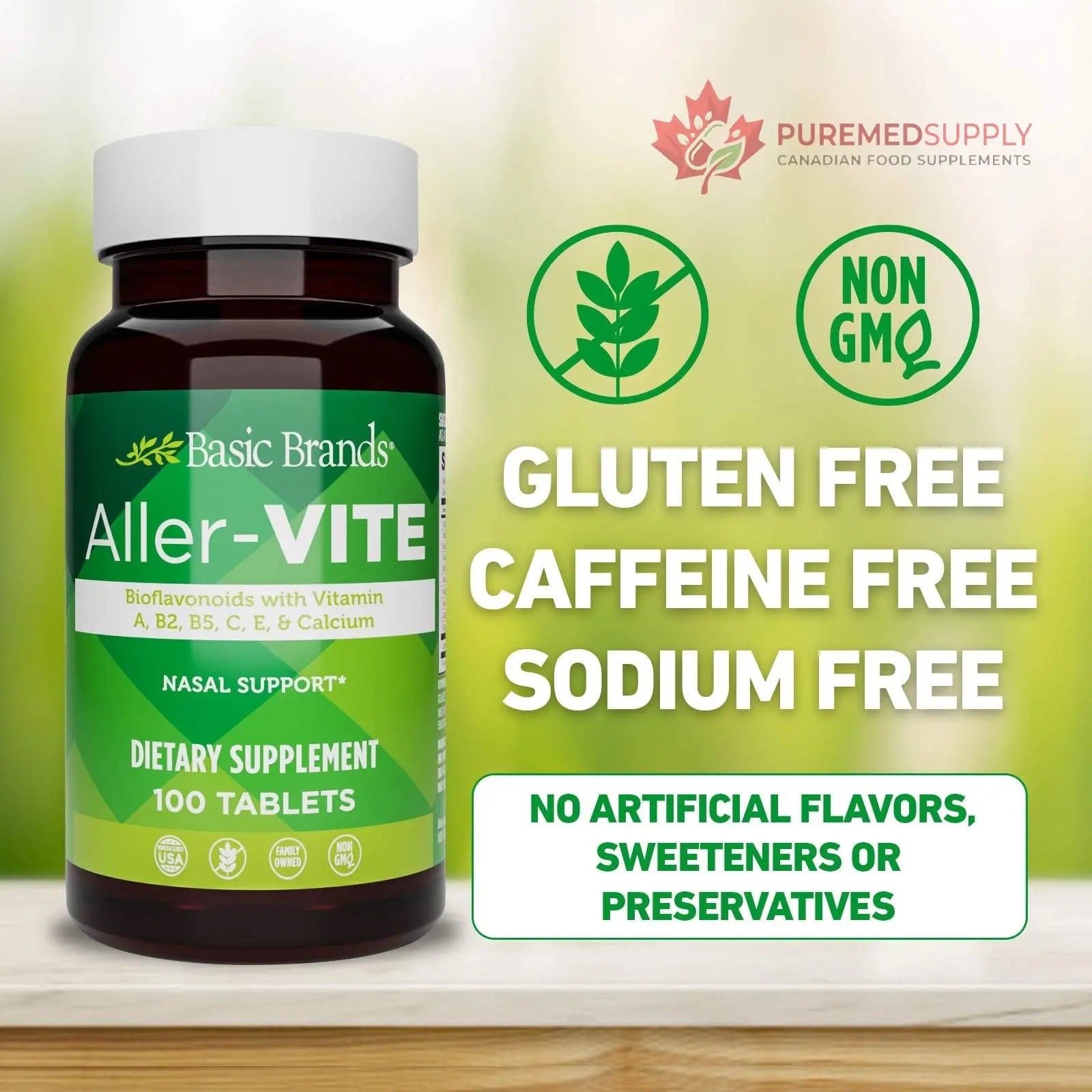 Basic Brands Aller Vite Nasal Support Tablets for Seasonal Allergy Relief, High Bioflavonoid Complex with Vitamins and Calcium, Gluten Free Daily Supplement, 100 Tablets Basic Brands buy supplements canada