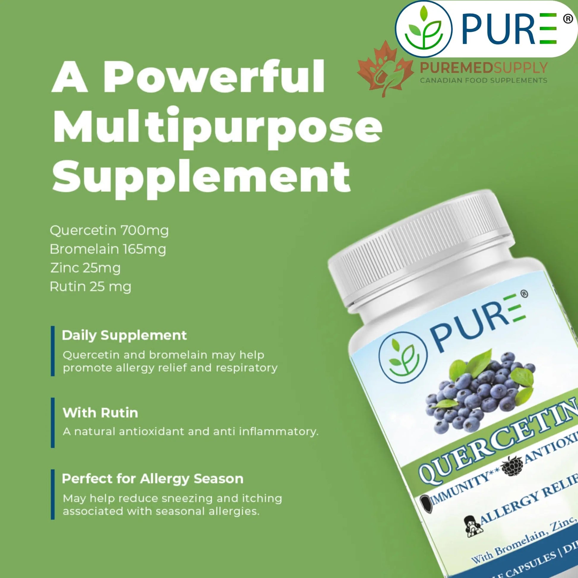 PURE® Quercetin+ with Zinc, Bromelain, Rutin Immune Shield - 60 Capsules - High Bioavailability Antioxidant Complex for Respiratory Health & Viral Defense - Made in USA PURE buy supplements canada