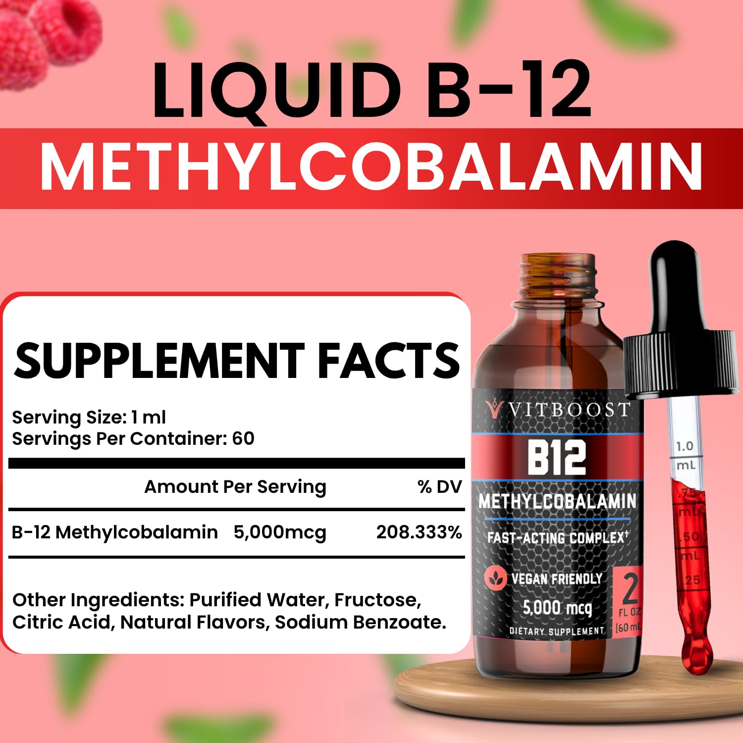 VITBOOST Vegan Liquid B-12 Drops – 60 x 5000 mcg Extra Strength Raspberry Flavored Vitamin B12 Liquid Methylcobalamin sublingual Supplement | Designed to Maximize Absorption VITBOOST buy supplements canada