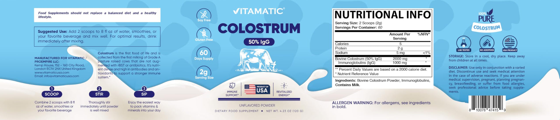 Vitamatic Bovine Colostrum Powder - 50% Highest IgG -120 Gram - Supplement for Gut Health, Hair Growth, Beauty, Muscle Recovery, & Immune Support - Easy to Mix - Unflavored - 60 Servings Vitamatic buy supplements canada