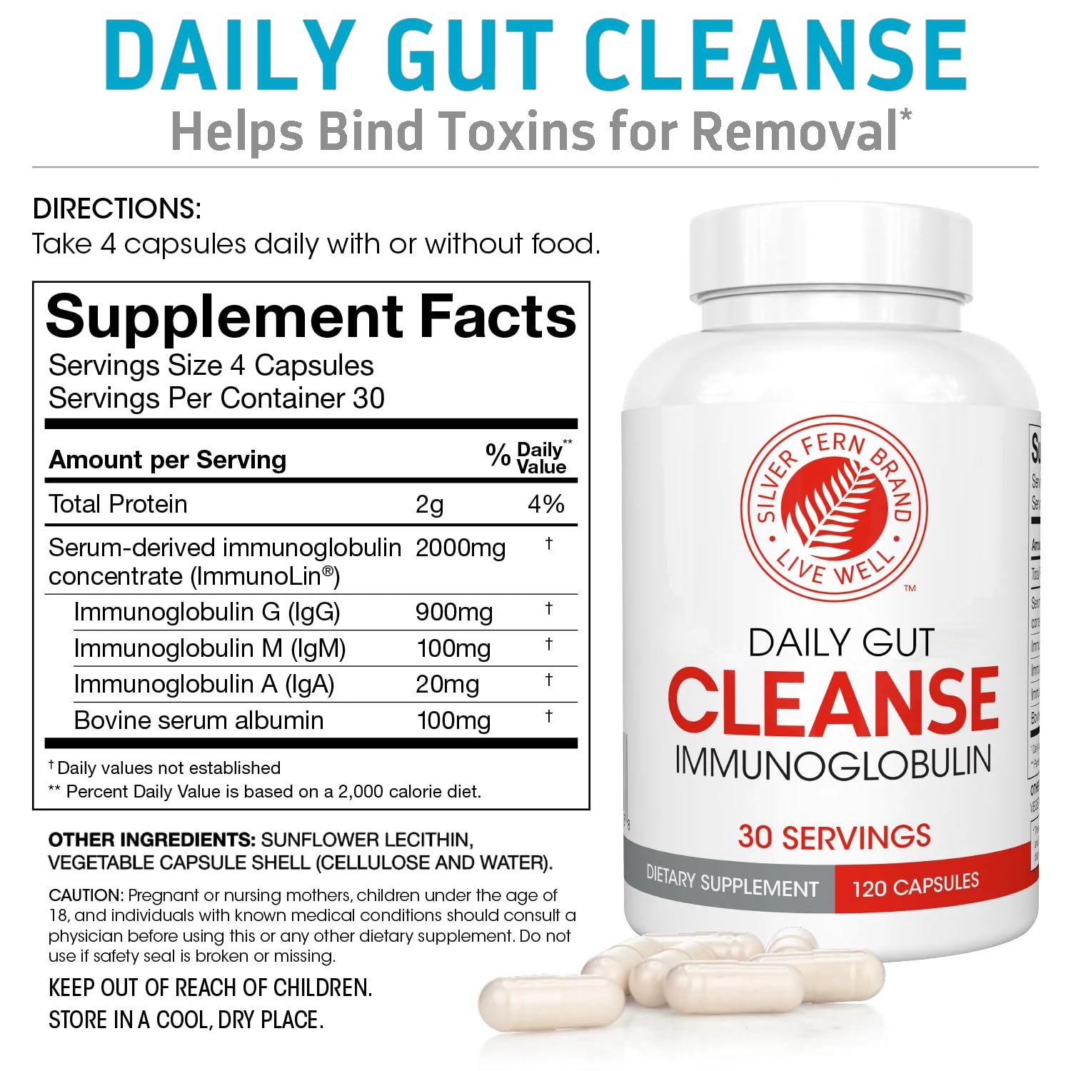 Silver Fern Cleanse - Daily Gut - 1 Bottle - 120 Capsules - 30 Day Supply - Immunoglobulin G, A & M -(IgG, IGA, IgM) - Postbiotic Silver Fern buy supplements canada