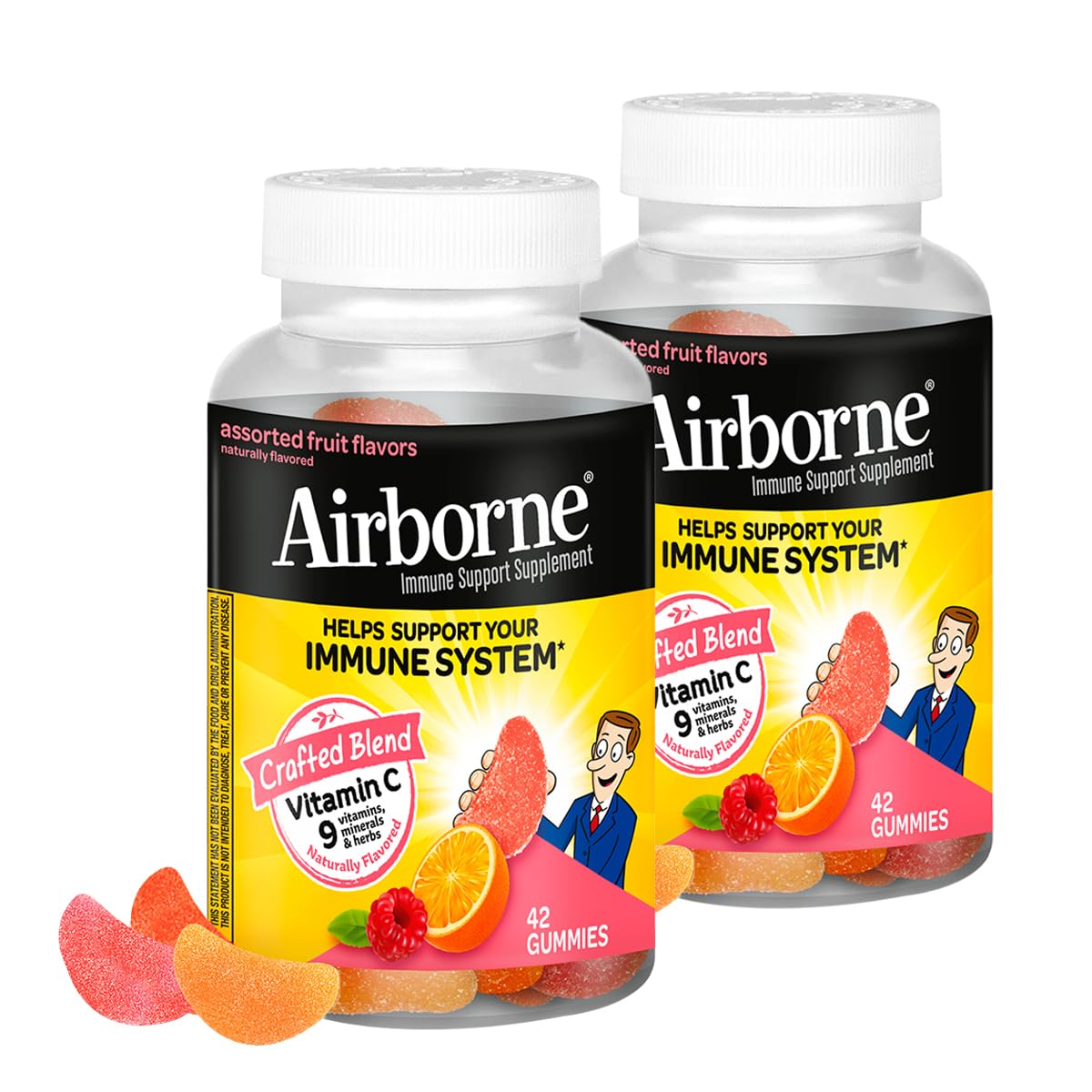 Airborne 750mg Vitamin C Immune Support Supplement Gummies for Adults, Assorted Fruit Flavor, Gluten Free Crafted Blend with Powerful Antioxidants Vitamins A C & E, 42 Gummies (2 Pack) Airborne buy supplements canada