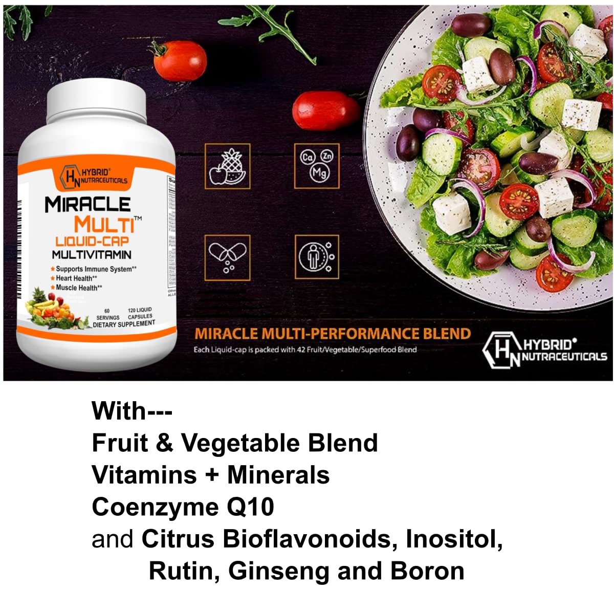 MiracleMulti Liquid Multivitamin Capsules for Men & Women - Complete Whole Food Blend Daily Vitamin & Mineral Supplement with CoQ10, B12, 42 Superfood Enzyme - 120 Softgels Hybrid Nutraceuticals buy supplements canada