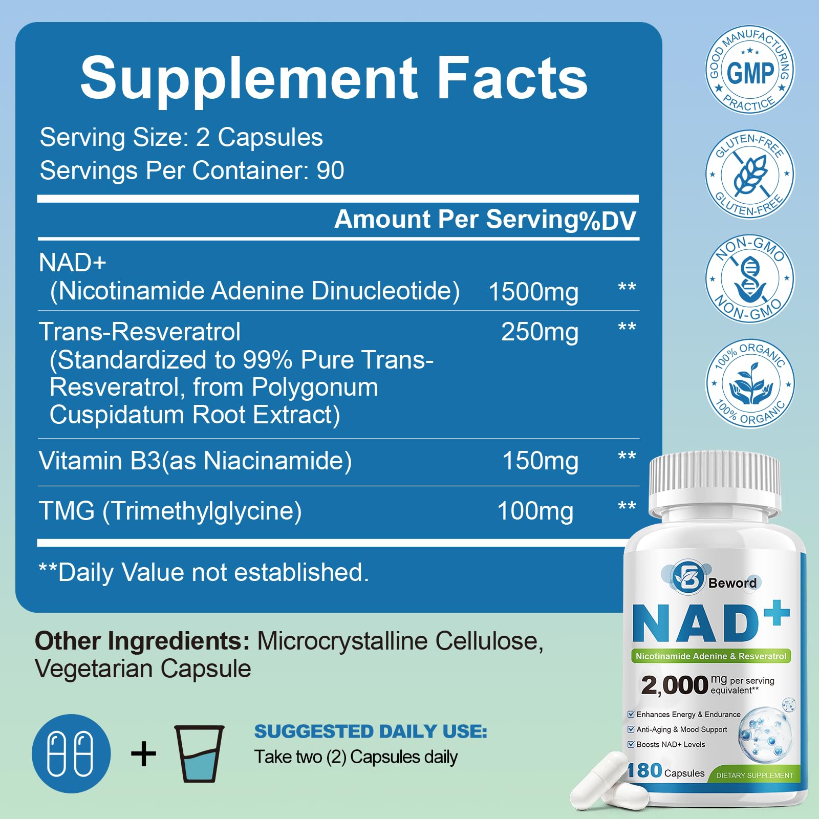 BEWORD Liposomal NAD 2000 Mg, 180 Capsules, 4-in-1 Formula with Liposomal NAD, Trans-Resveratrol, Non-GMO | Energy Support BEWORD buy supplements canada
