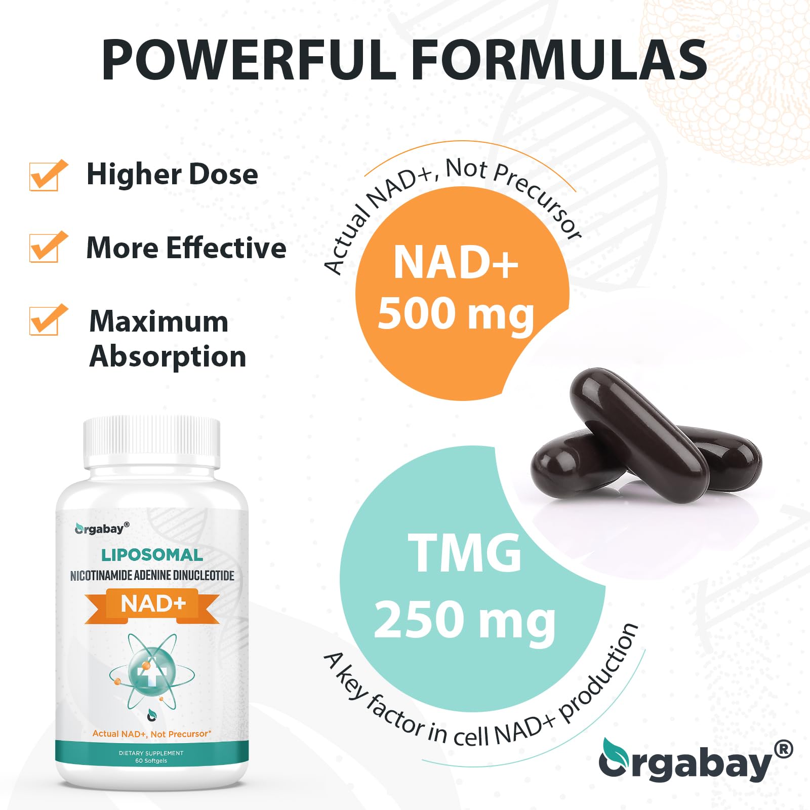 Orgabay Liposomal NAD+ Supplement 500 mg, High Absorption, Boost NAD+ with TMG 250 mg, Actual NAD Plus More Efficient Than Nicotinamide Riboside, Support Cellular Energy, Healthy Aging | 60 Softgels Orgabay buy supplements canada
