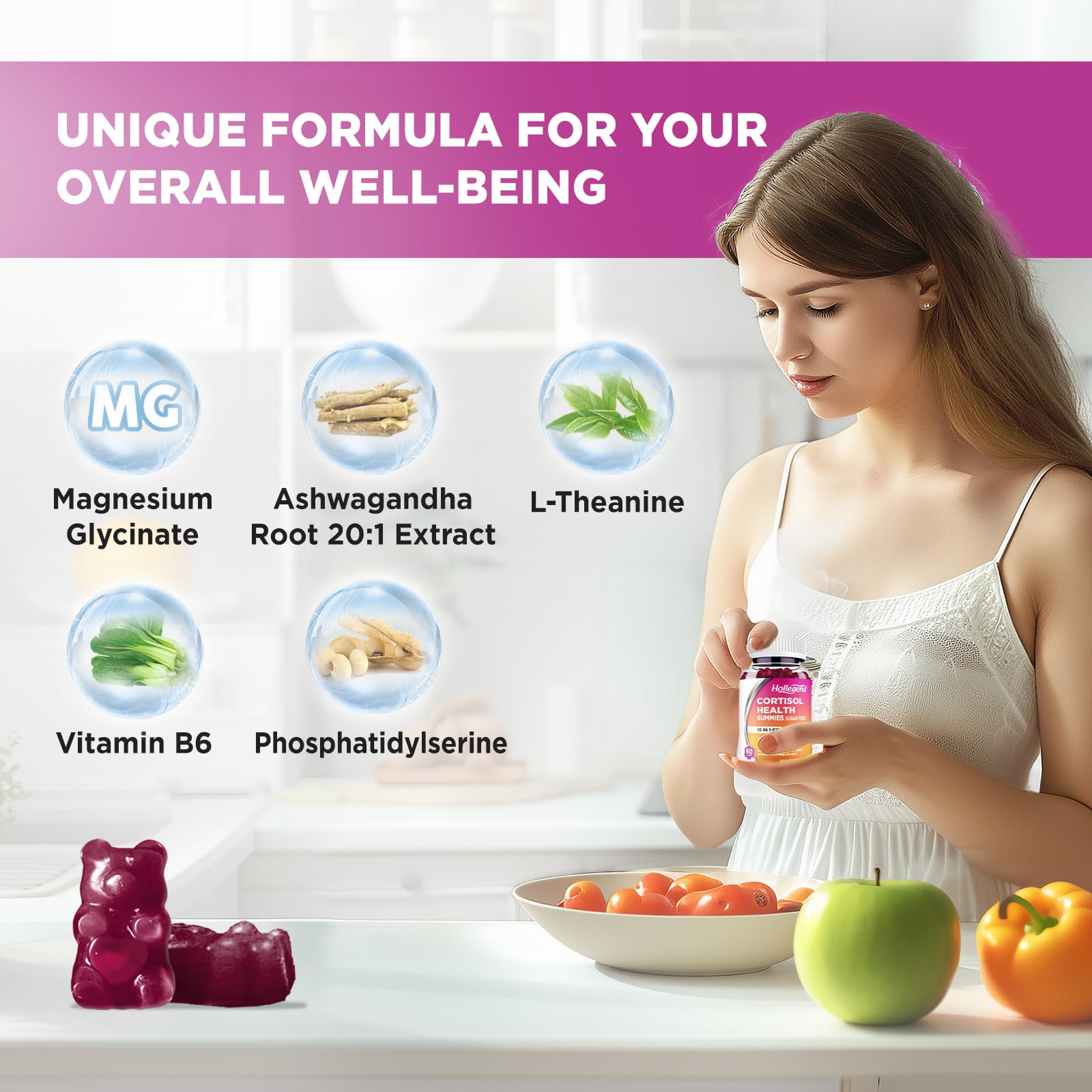 HOLLEGEND Cortisol Supplements for Women Men, Cortisol Gummies with Ashwagandha, Magnesium, L-Theanine, Phosphatidylserine, B6 for Cortisol Detox, Relaxation, Sleep, Focus, Sugar-Free, Vegan, 60 HOLLEGEND buy supplements canada