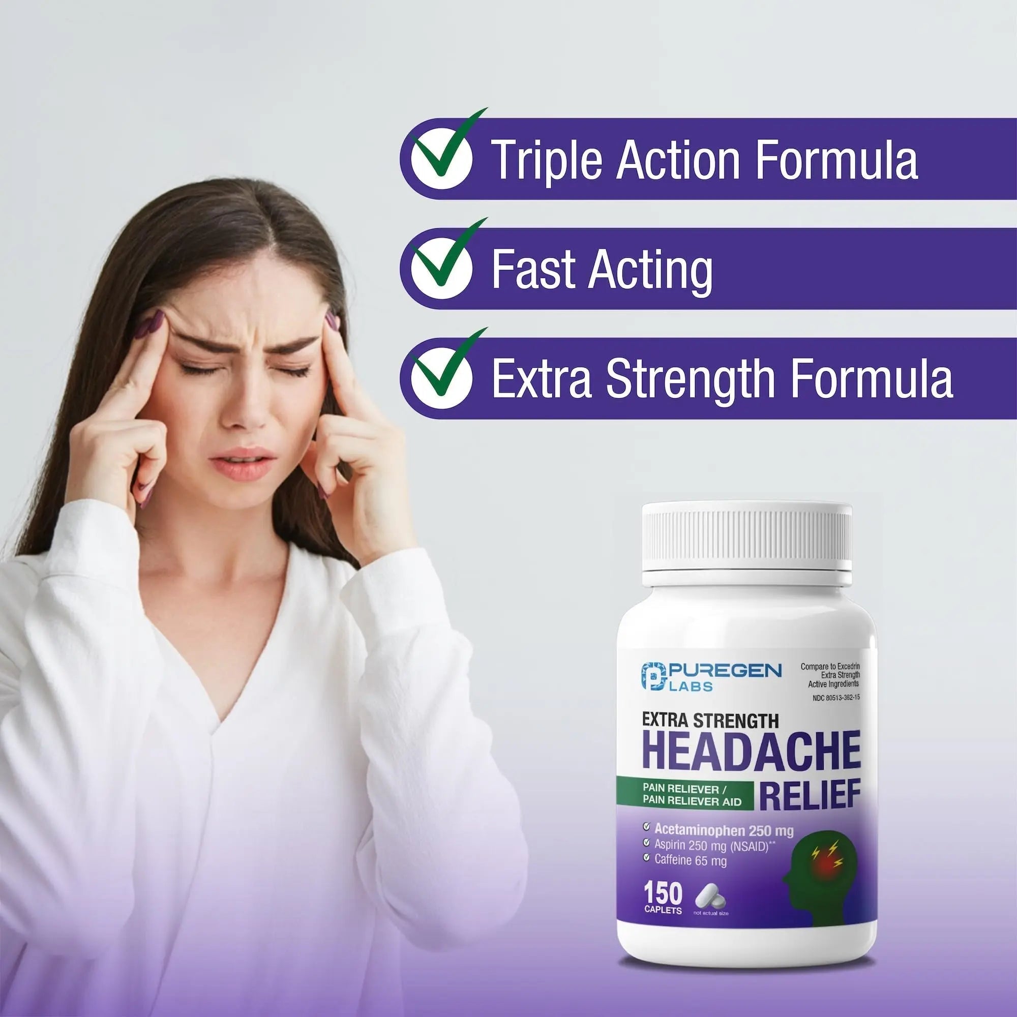 Puregen Labs Extra Strength Headache Caplets, Aspirin 250 mg (NSAID), Caffeine 65 mg, 150 Count P Puregen Labs buy supplements canada