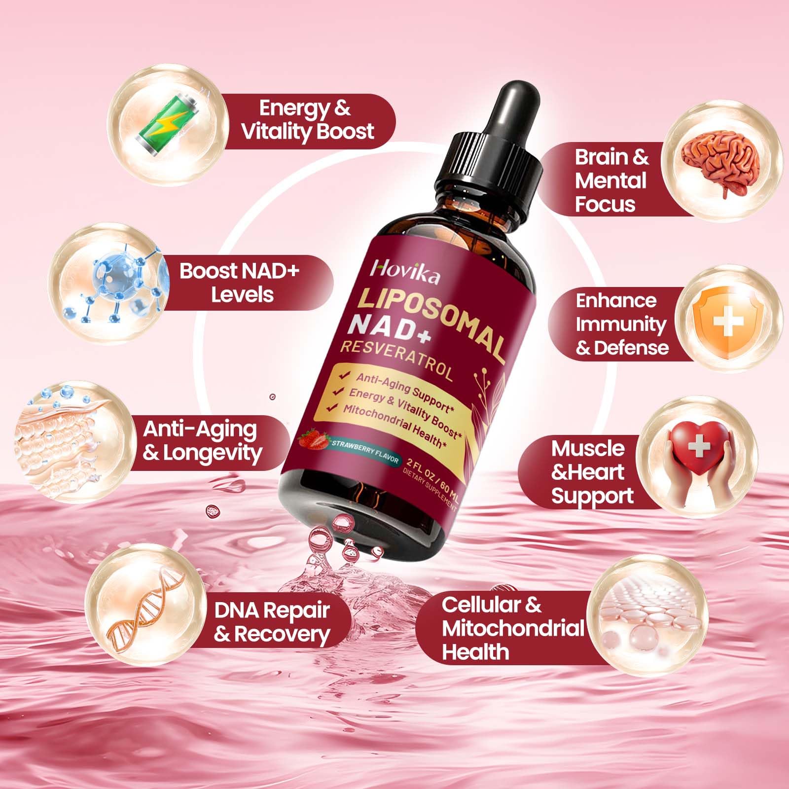 Liposomal NAD Supplement - 1200mg NAD+ Liquid Drops for Women & Men with Resveratrol, Black Pepper Extract - Support Anti-Aging, Brain & Cellular Mitochondrial Health - 2 Fl Oz, Strawberry Flavor Hovika buy supplements canada