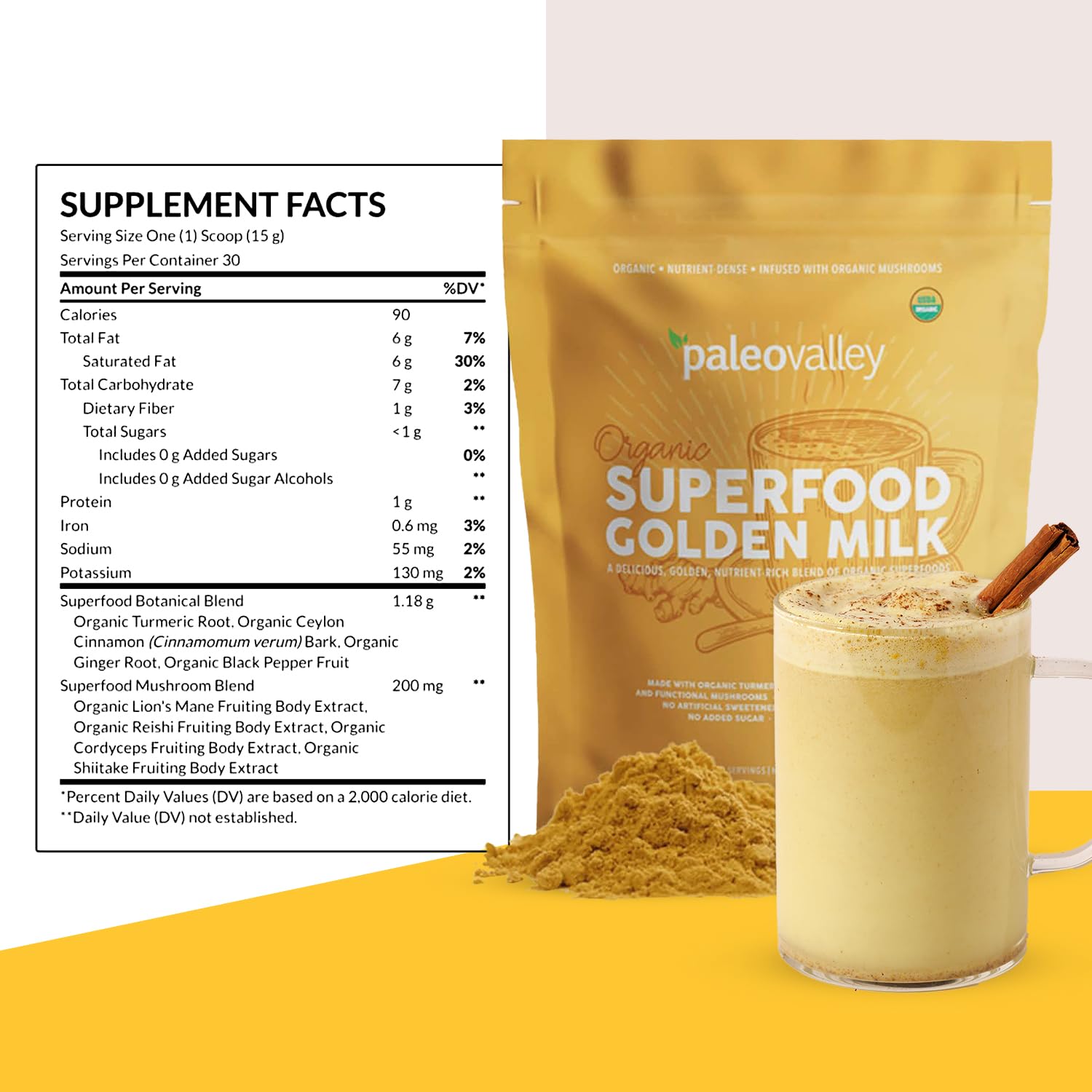 Paleovalley Organic Superfood Golden Milk - Immune, Focus, Cognitive, Longevity - Turmeric, MCT-Rich Coconut Milk, Functional Mushrooms, 30 Servings Paleovalley buy supplements canada