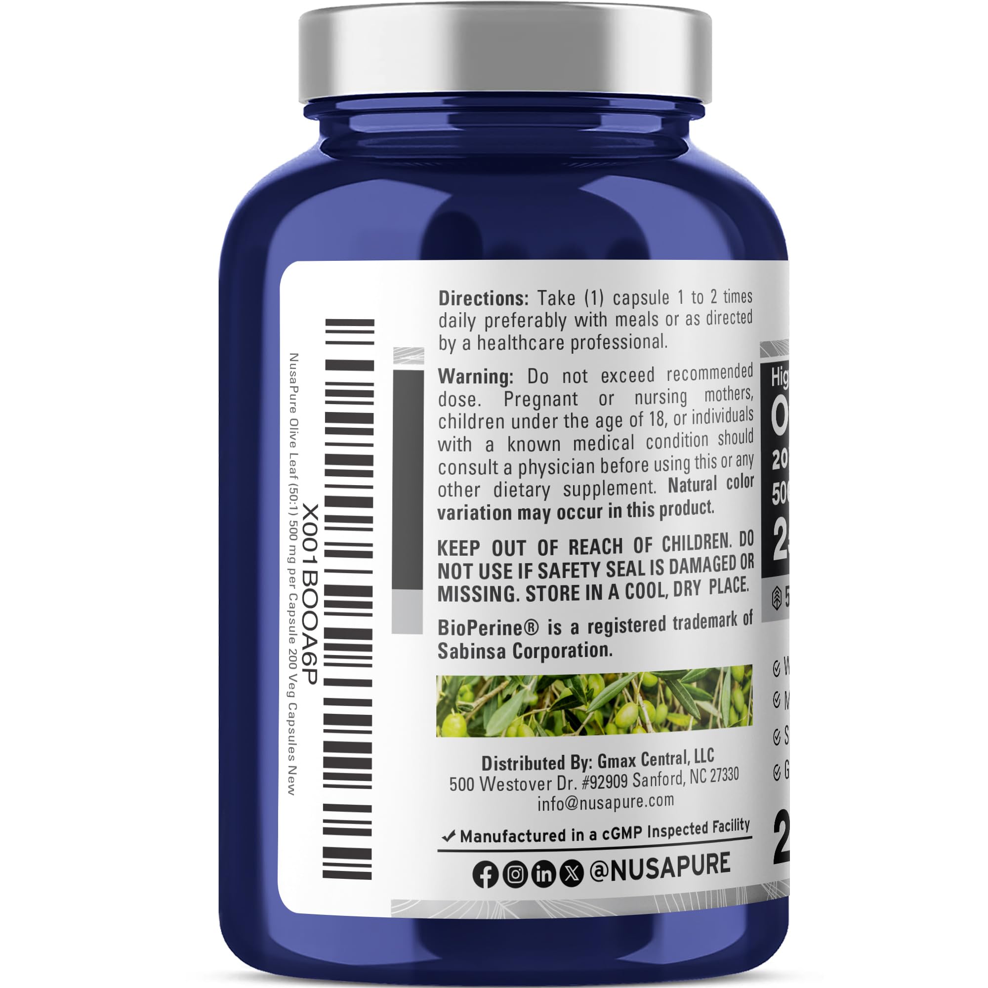 NusaPure Olive Leaf 20% Oleuropein 50:1 Extract, 500 mg Equivalent to 25,000 mg 200 Veg Caps Suitable for Vegetarians and Vegans, Non-GMO NusaPure buy supplements canada
