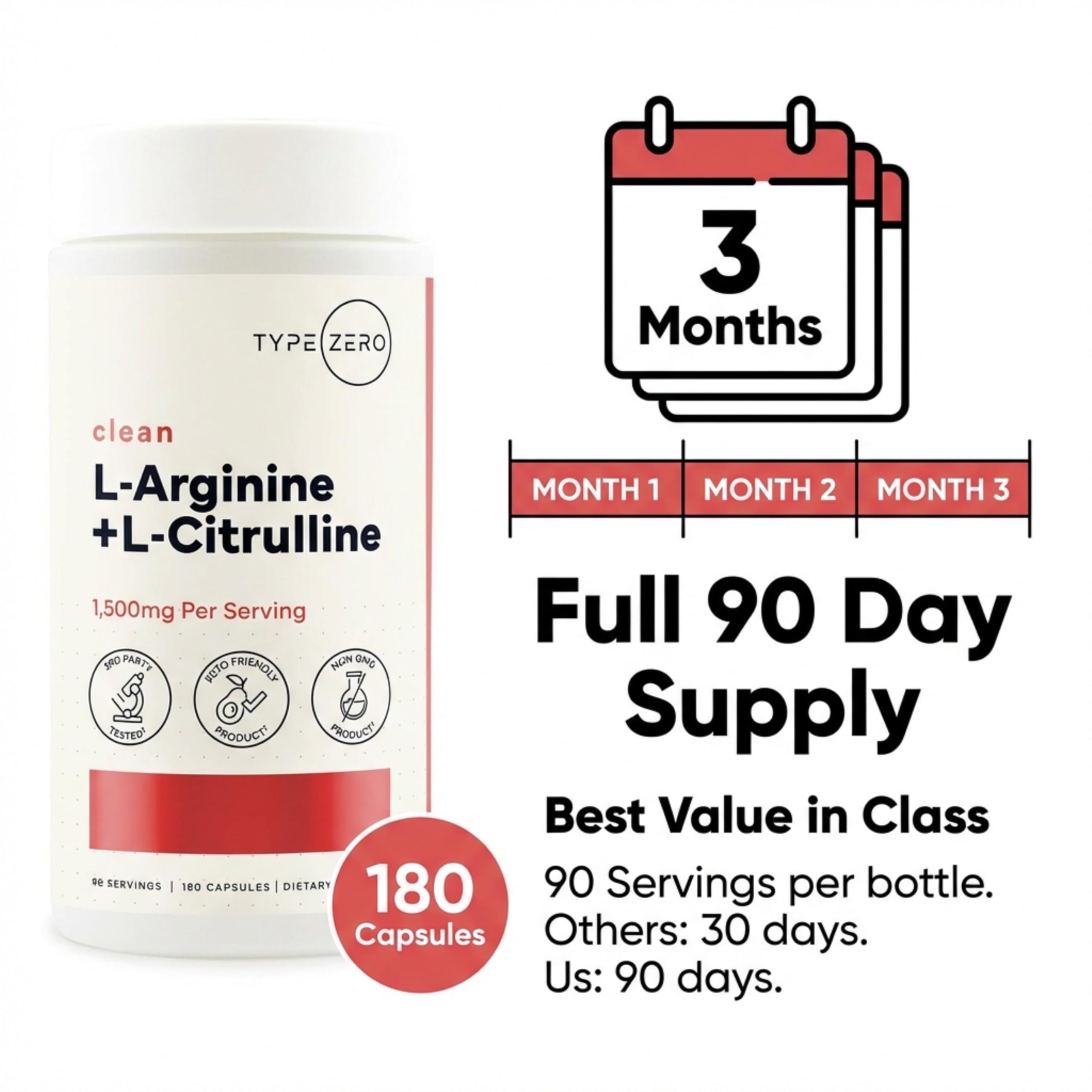 Type Zero L-Arginine + L-Citrulline Supplement (1500mg) - Nitric Oxide Booster - Clean, Keto-Friendly, GMO-Free, 180 Capsules, 90 Servings Type Zero buy supplements canada