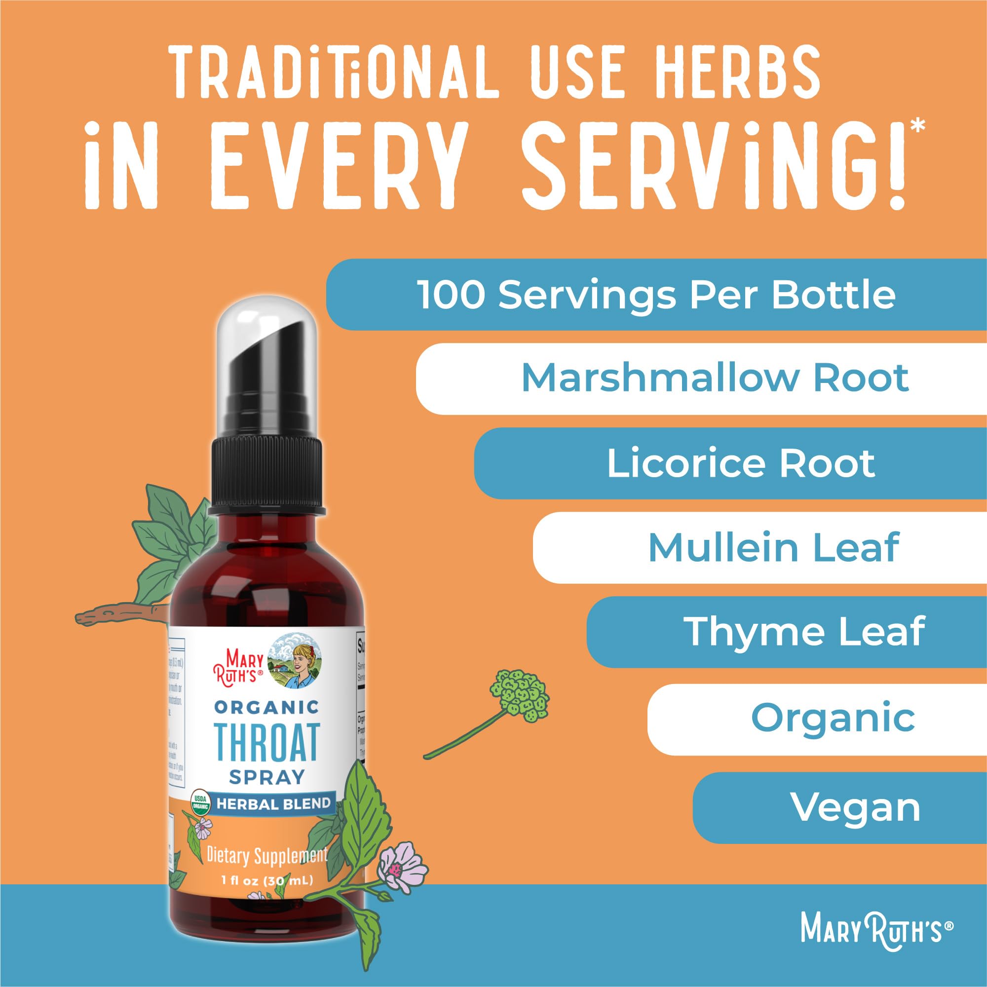 MaryRuth Organics USDA Organic Throat Spray with Mullein Leaf | Marshmallow Root & Licorice Root & Thyme Leaf | 4 Herbal Blend | Non-GMO | Vegan | Gluten Free | 1 Fl Oz | Up to 100 Servings MARYRUTH'S buy supplements canada