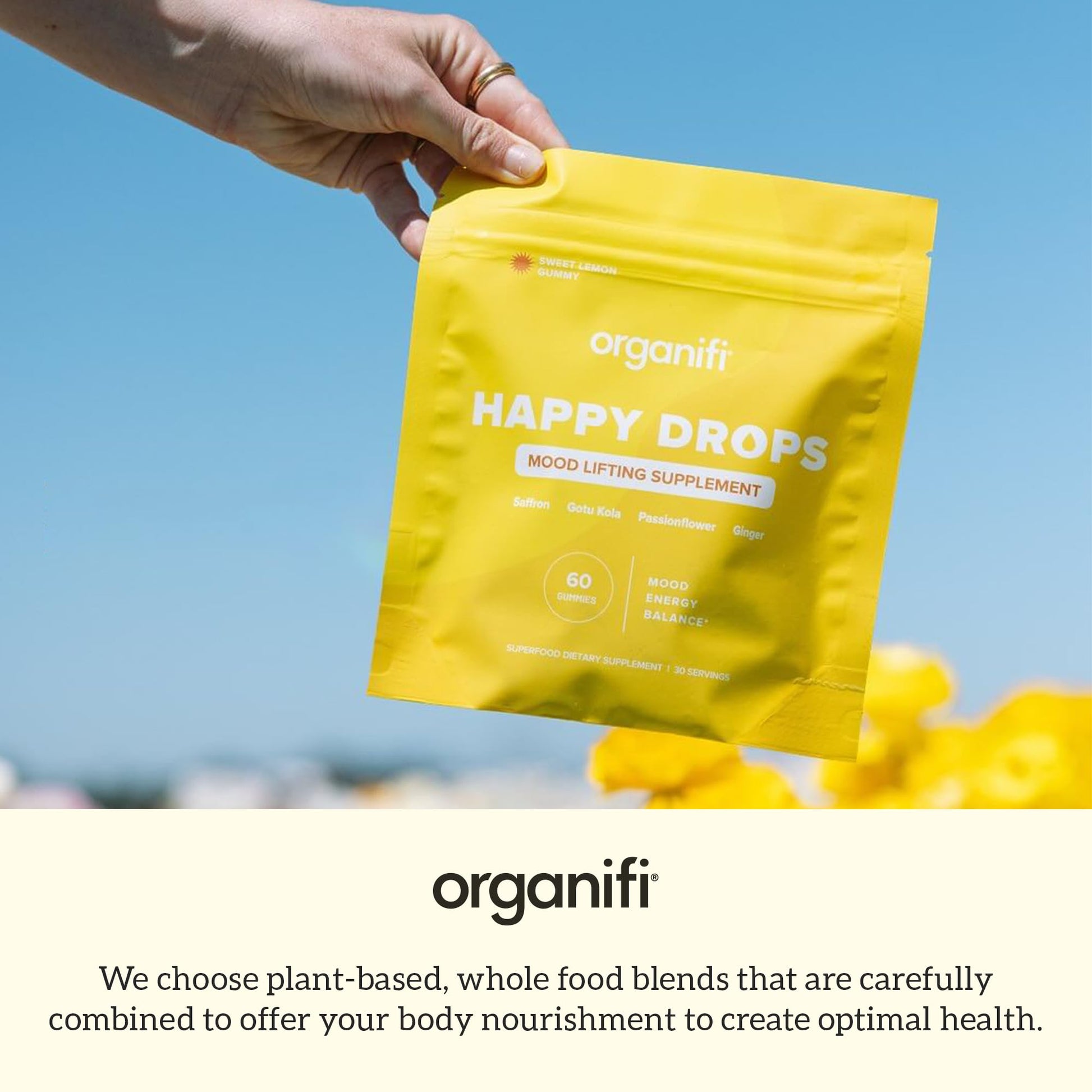 Organifi Happy Drops - Daily Superfood Happy Gummies for Adults - Mood Support Supplement for Balance, Bliss, Energy and Taking the Edge Off - Sweet Lemon Flavor - 60 Gummies Organifi buy supplements canada
