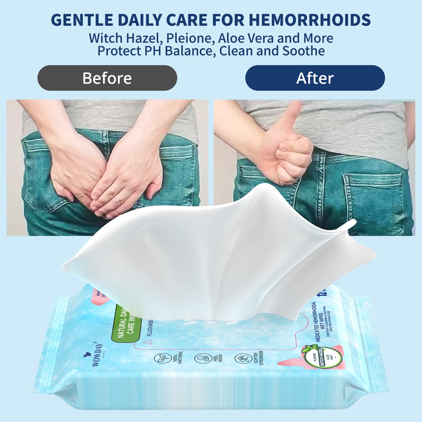 Wowday Flushable Hemorrhoid Wipes | Medicated Witch Hazel Wipes Ph Balanced | 112 Count Natural Fragrance Free Adult Hemorrhoids Witch Hazel Wipe for Butt Itch WowDay buy supplements canada