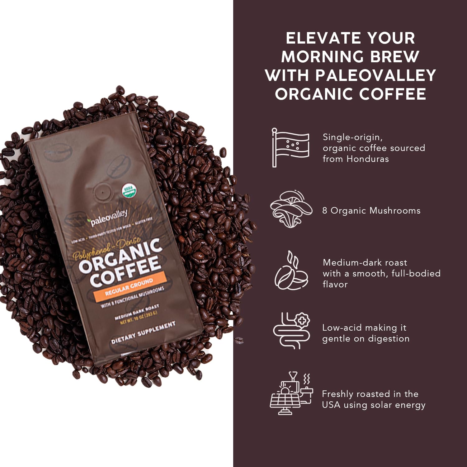 Paleovalley Organic Ground Coffee, 10oz - Regular, Low Acid, Single-Origin, Polyphenol-Rich, Infused with Mushrooms Paleovalley buy supplements canada