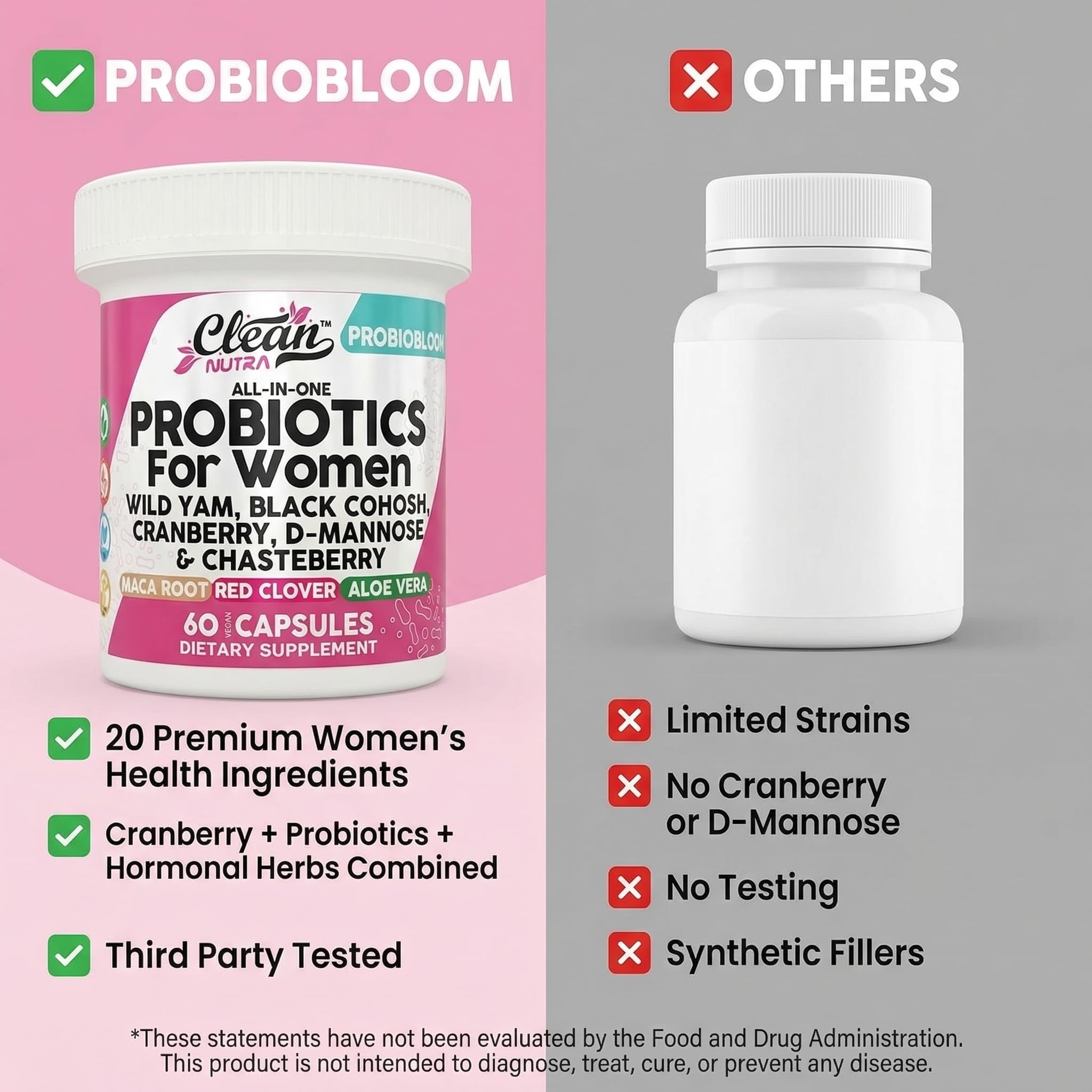 Clean Nutraceuticals Probiotics for Women with D Mannose, Cranberry Extract, Wild Yam, Chasteberry - 20 Probiotic and Prebiotic Strains - PH Balance, Womens Probiotic for Digestive Health - 60 Count Clean Nutraceuticals buy supplements canada