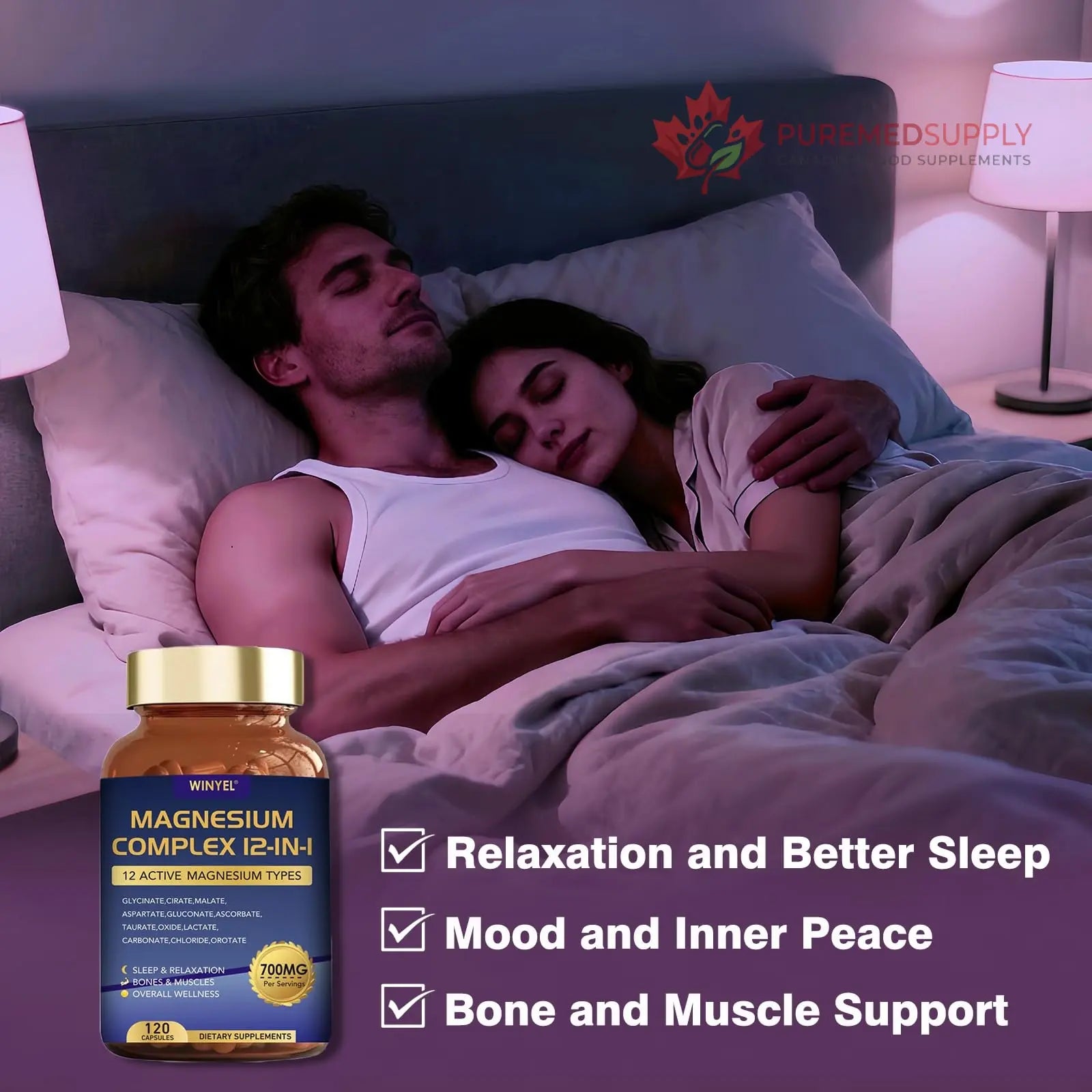Magnesium Complex 700mg 12 in 1 Magnesium Supplement with Glycinate, Citrate, Malate | Sleep, Calm, Muscle Relaxation, Heart Health Support | Vegan 120 Capsules WINYEL buy supplements canada