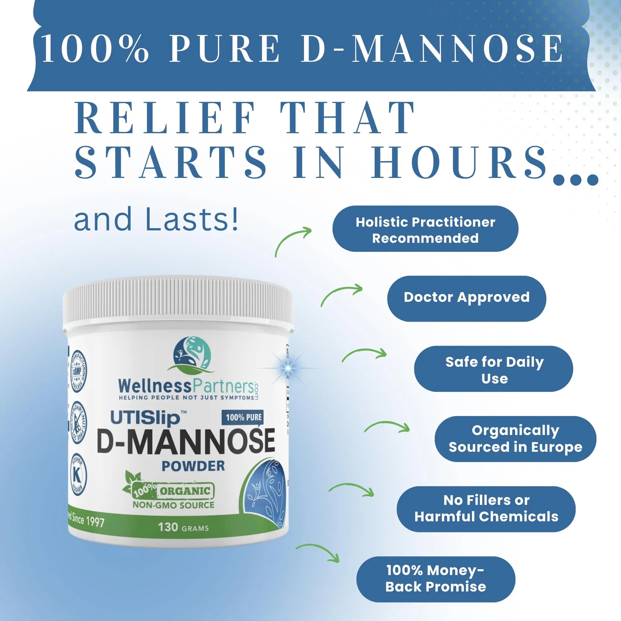 Now New UTI-Slip D Mannose Non GMO Organic Source Powder 130g jar. WellnessPartners buy supplements canada