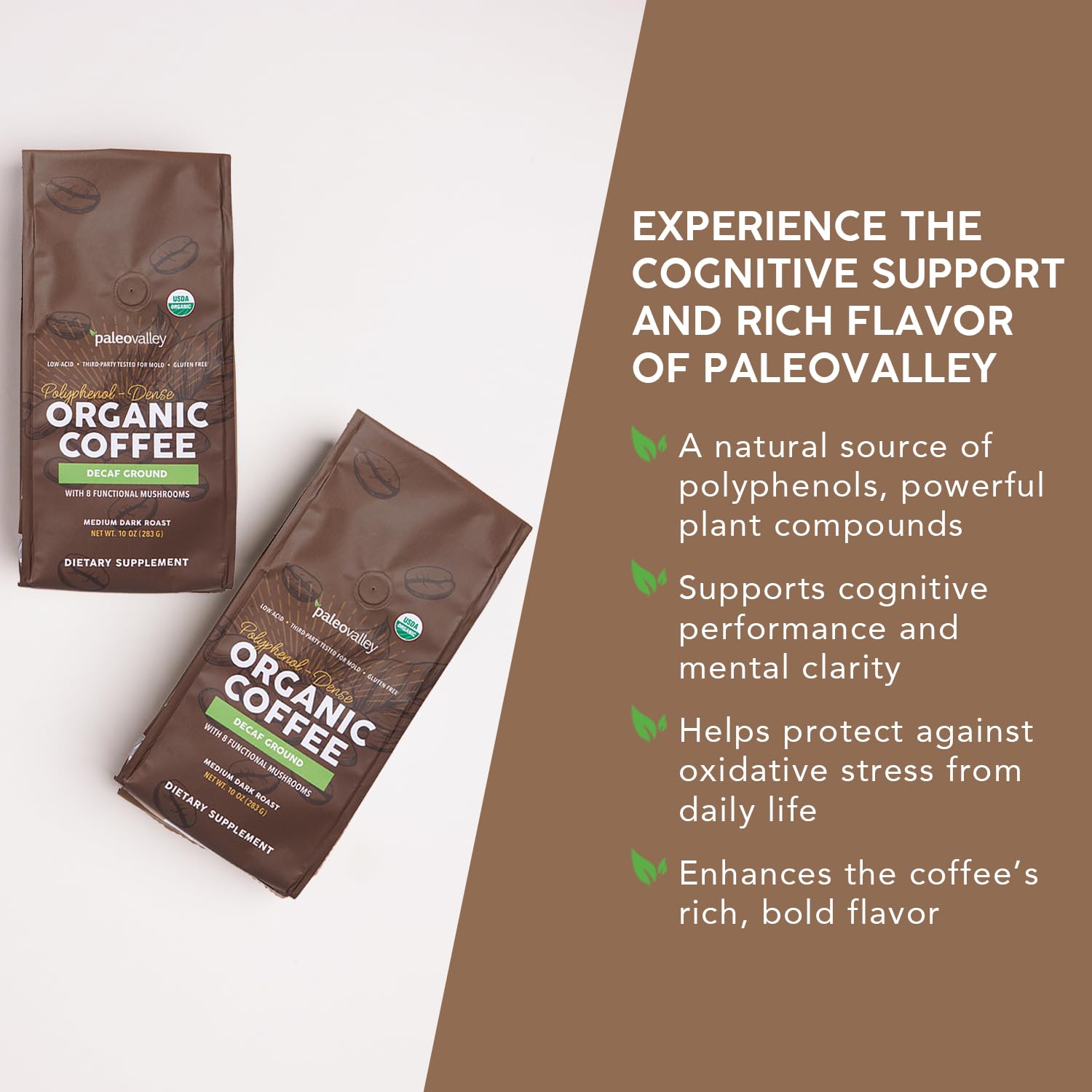 Paleovalley Organic Ground Coffee, 10oz - Decaf, Low Acid, Single-Origin, Polyphenol-Rich, Infused with Mushrooms Paleovalley buy supplements canada