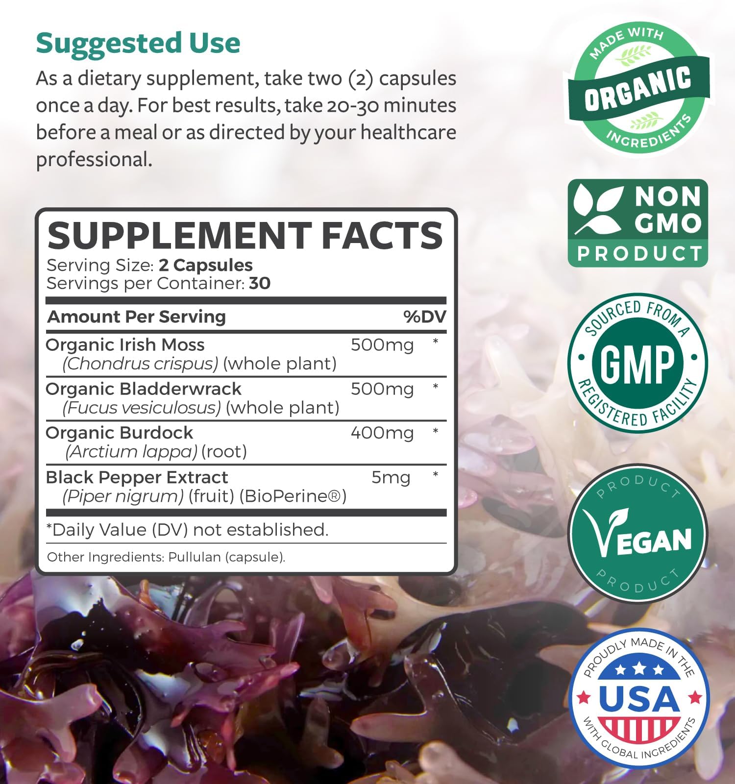 Organic Irish Sea Moss Capsules - Organic Sea Moss Capsules with Bladderwrack Burdock Root and Black Pepper Extract for Enhanced Absorption - Vegan Non-GMO & Made in the USA (1 Month Supply) Healths Harmony buy supplements canada