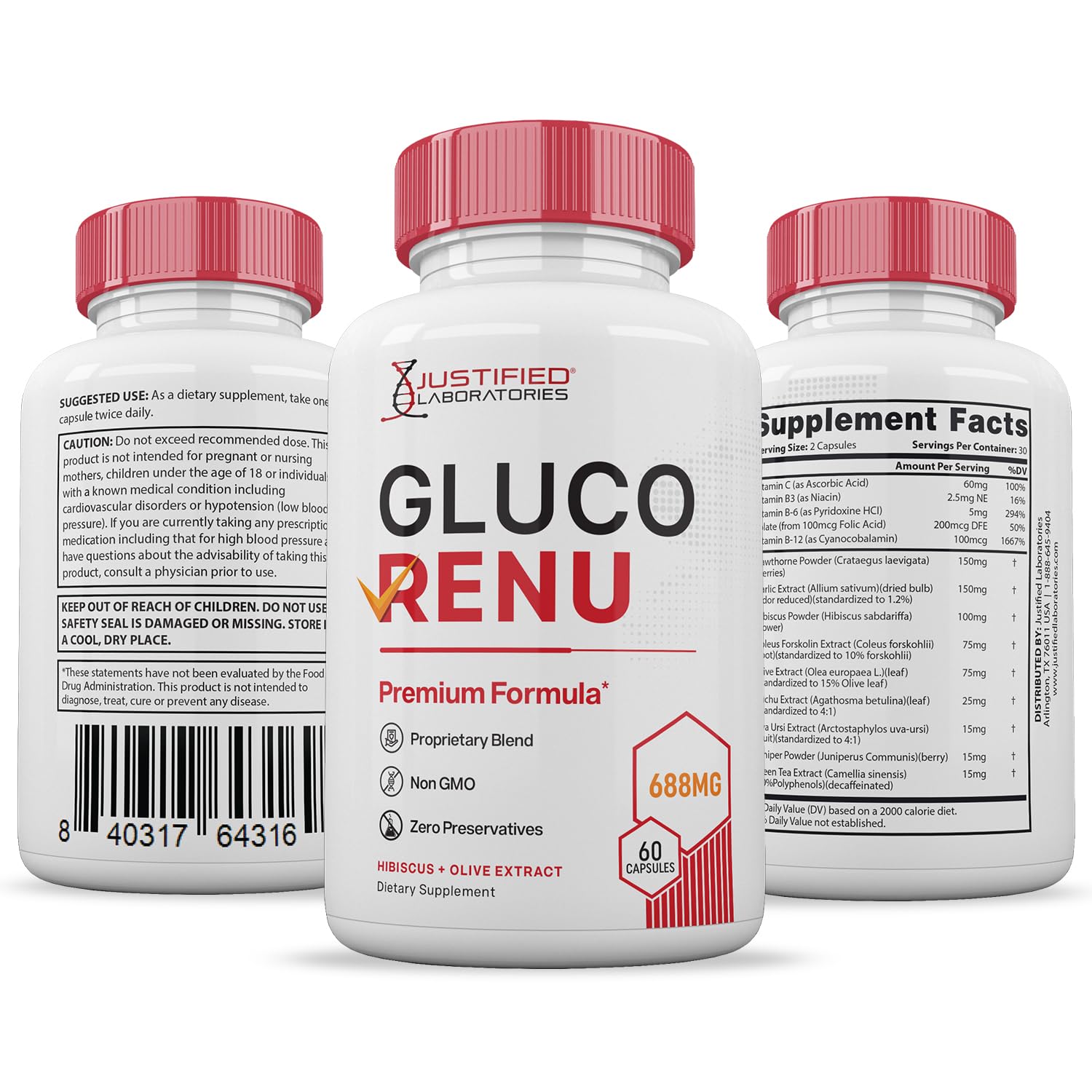 Gluco Renu 688MG Glyco Support Pills Premium Formula Gluo Renew Glycogen Support Formulated Hawthrone Hibiscus Garlic Junpier Powder Olive Forskolin Green Tea Extract 60 Capsules Justified Laboratories buy supplements canada