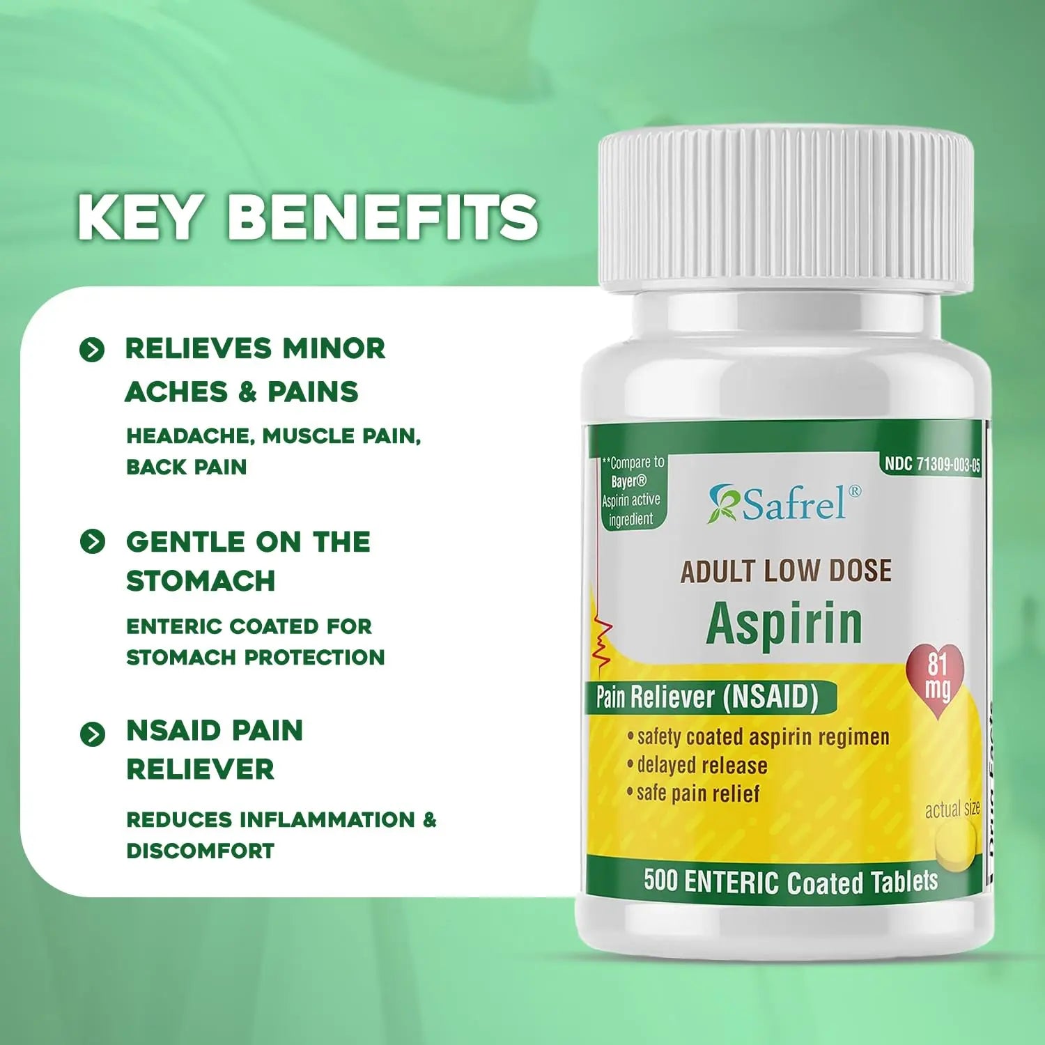 Safrel Generic Bayer Baby Aspirin 81 mg (500 Enteric Coated Tablets) | Adult Low Dose Strength Safe Pain Reliever (NSAID) for Minor Aches | Value Pack Safrel buy supplements canada