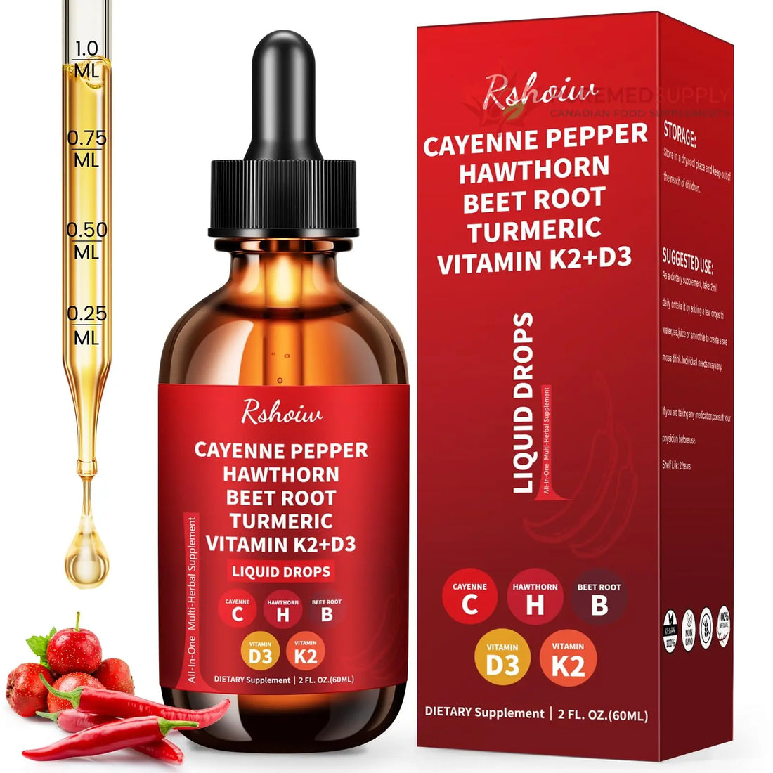 Cayenne Pepper Drops Supplement Liquid with Hawthorn Berry, Vitamin D3 K2, Turmeric Curcumin, Beet Root, Ceylon Cinnamon Vegan- Friendly - 60ml Rshoiw buy supplements canada