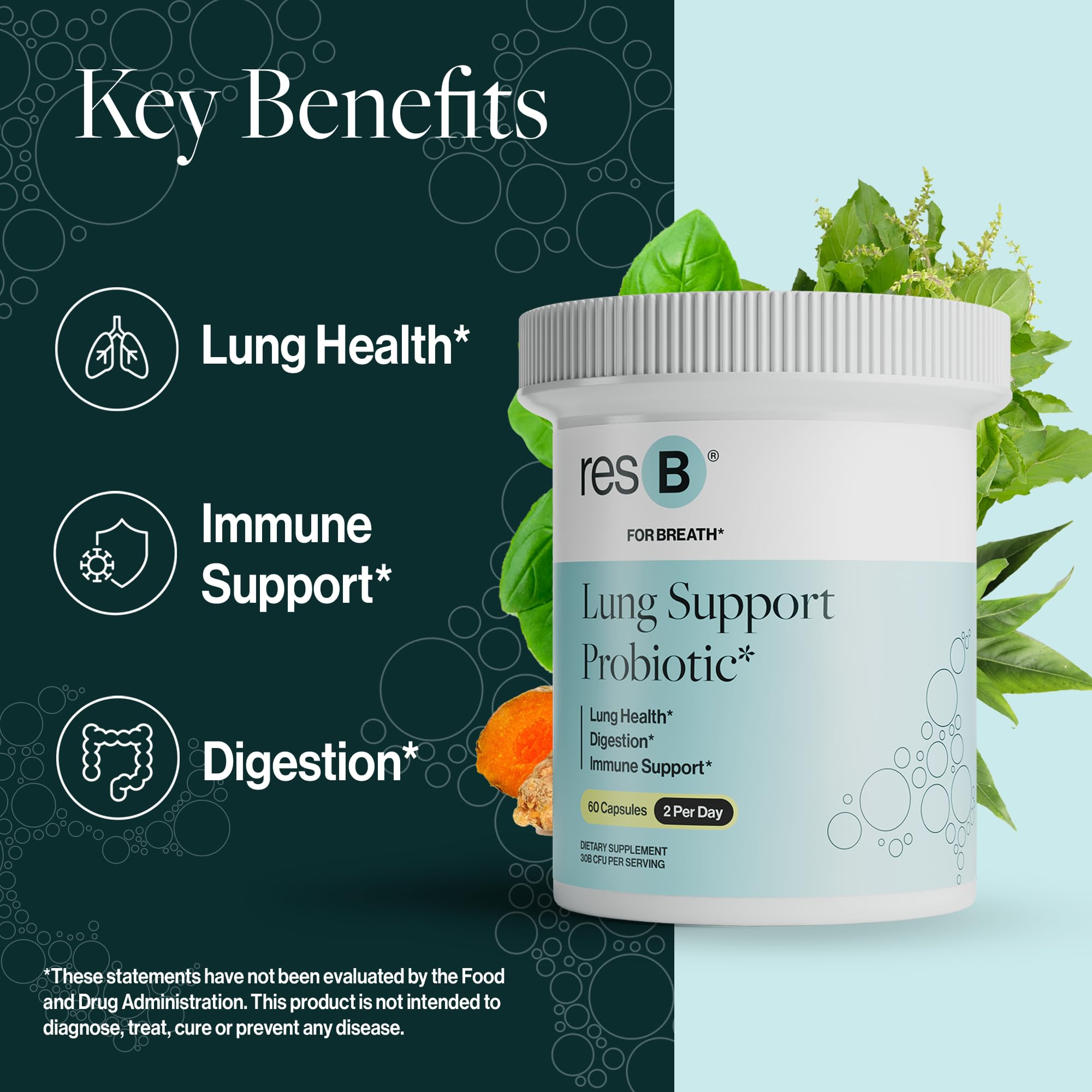 resB Lung Support Probiotic Supplement - Lung Health Supplement for Smokers, Gut Health, Immune & Digestive Support, Respiratory Care, Holy Basil & Turmeric, Clinically Trialed - 60 Capsules ResBiotic buy supplements canada