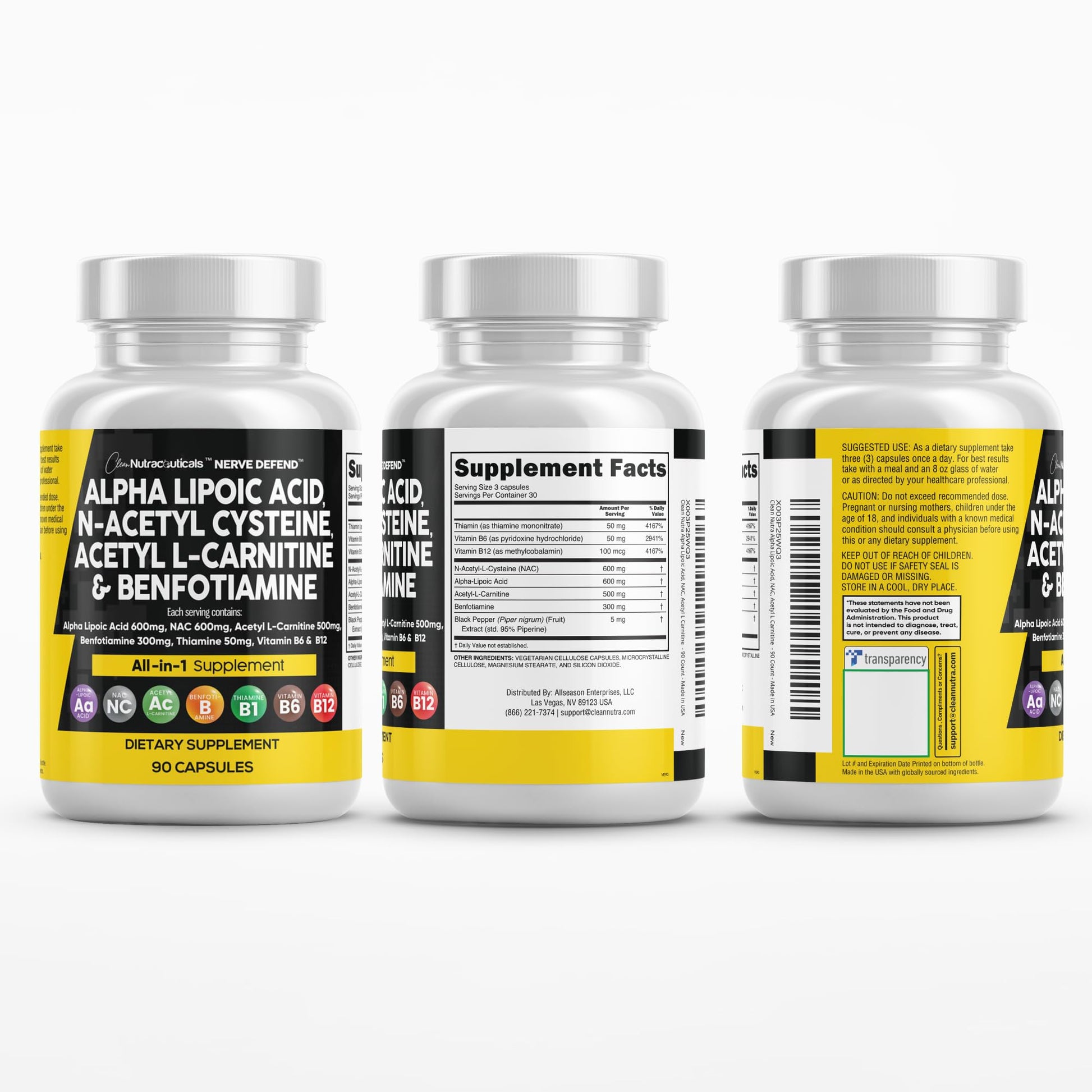 Alpha Lipoic Acid 600mg N-Acetyl Cysteine 600mg Acetyl L-Carnitine 500mg Benfotiamine 300mg - Nerve Support Supplement for Women and Men with Vitamin B1 B6 & B12 - Made in USA 90 Caps Clean Nutraceuticals buy supplements canada