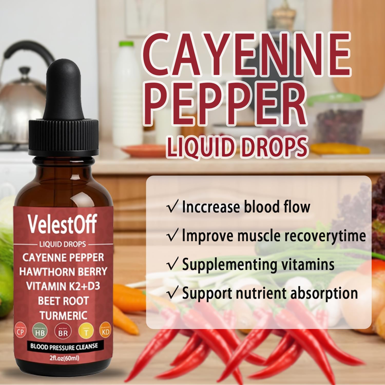 Velestoff Cayenne Pepper & Cayenne Pepper Drops Liquid Supplement with Hawthorn, Beet Root, Turmeric, Vitamin K2 D3 Nutralis buy supplements canada