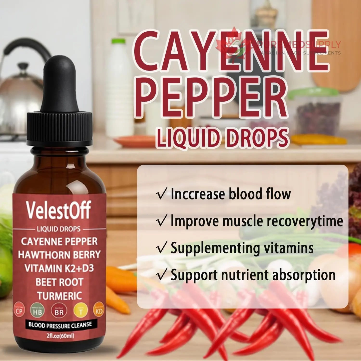 Velestoff Cayenne Pepper & Cayenne Pepper Drops Liquid Supplement with Hawthorn, Beet Root, Turmeric, Vitamin K2 D3 Nutralis buy supplements canada
