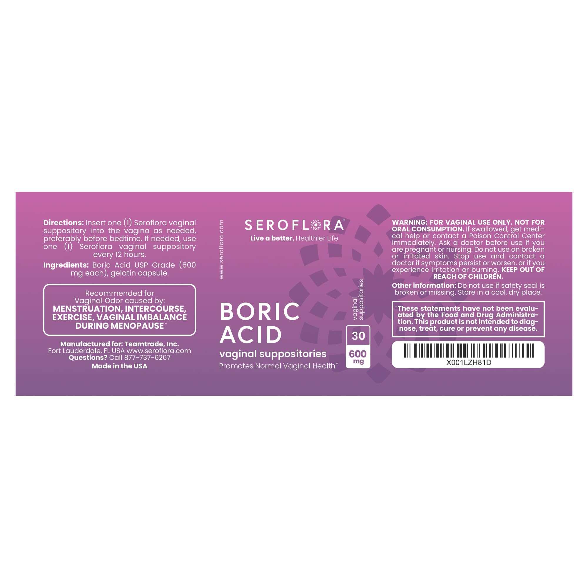 Seroflora Boric Acid Vaginal Suppositories for Women + 1 Suppository Applicator - Helps Support Vaginal Odor pH Balance, Yeast Infection and Bacterial Vaginosis Seroflora buy supplements canada
