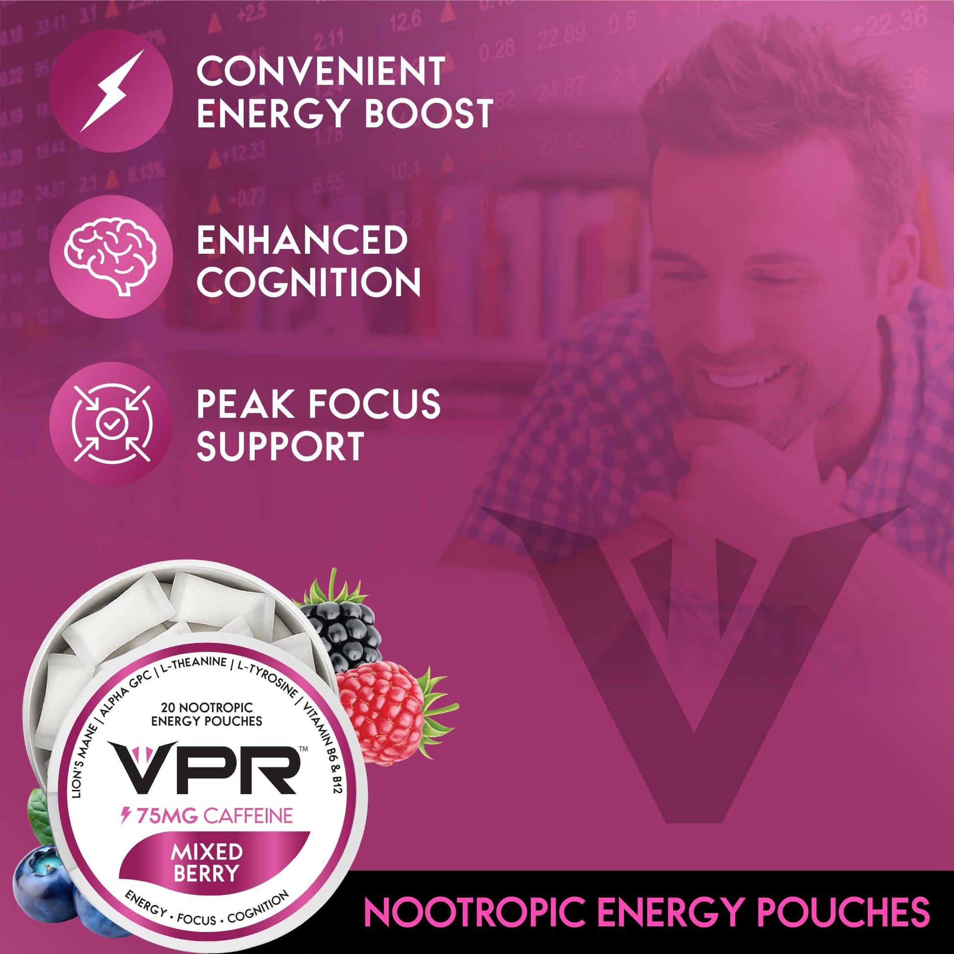 VPR 75MG Caffeine Nootropic Pouches | 20 Count Energy Pouches with Lion's Mane, Alpha-GPC, Vitamin B6 & B12, L-Theanine, and L-Tyrosine | Naturally Flavored Focus Pouches with No Sugar (Variety Pack) VPR Energy buy supplements canada