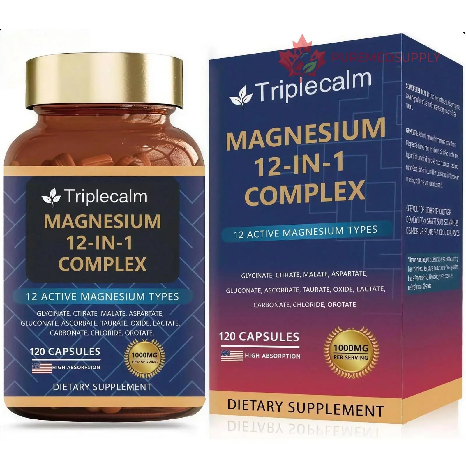 Magnesium Complex 12 in 1 Supplement - 12 Elemental 1000mg - Magnesium Glycinate, Citrate, Malate, Taurate - High Absorption,for Muscle, Nerve & Sleep Support - 120 Capsules Triplecalm buy supplements canada