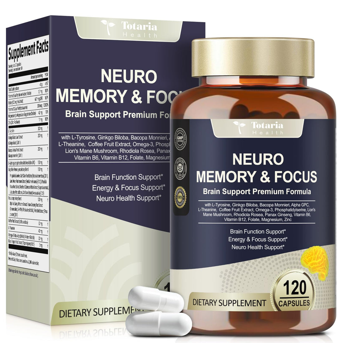 25 in 1 Brain Supplements for Memory and Focus & Neuro Health - Daily Brain Nootropic Cognitive Supplement with L-Tyrosine, Bacopa Monnieri, Ginkgo Biloba, Alpha GPC - Non-GMO, Gluten Free Totaria buy supplements canada