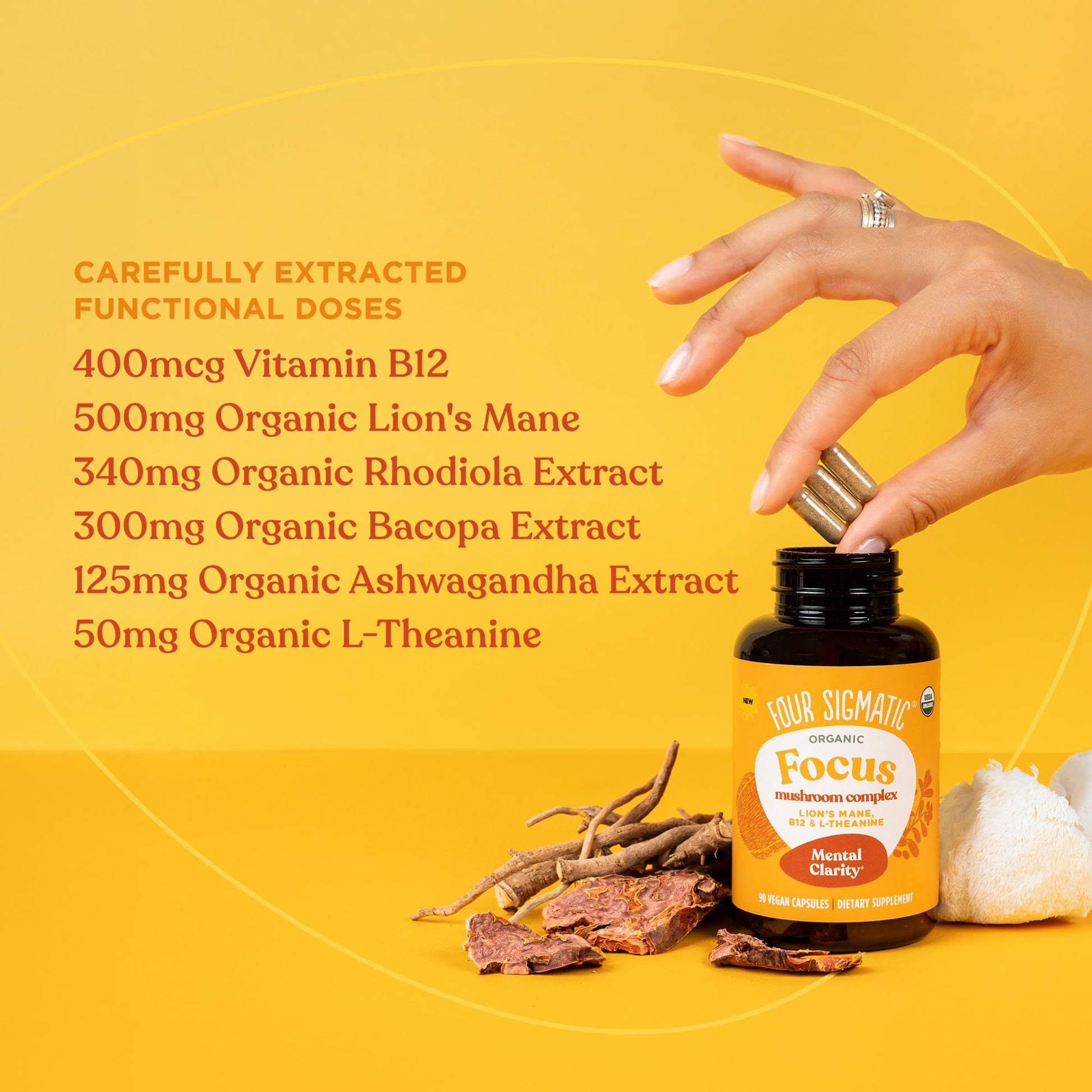 Four Sigmatic Focus Capsules | Lion's Mane Supplement Capsules | Brain Boosting Complex with Ashwagandha, Bacopa Monnieri & Rhodiola | Vegan Nootropic Adaptogen & Mushroom Supplement | 30 Servings Four Sigmatic buy supplements canada