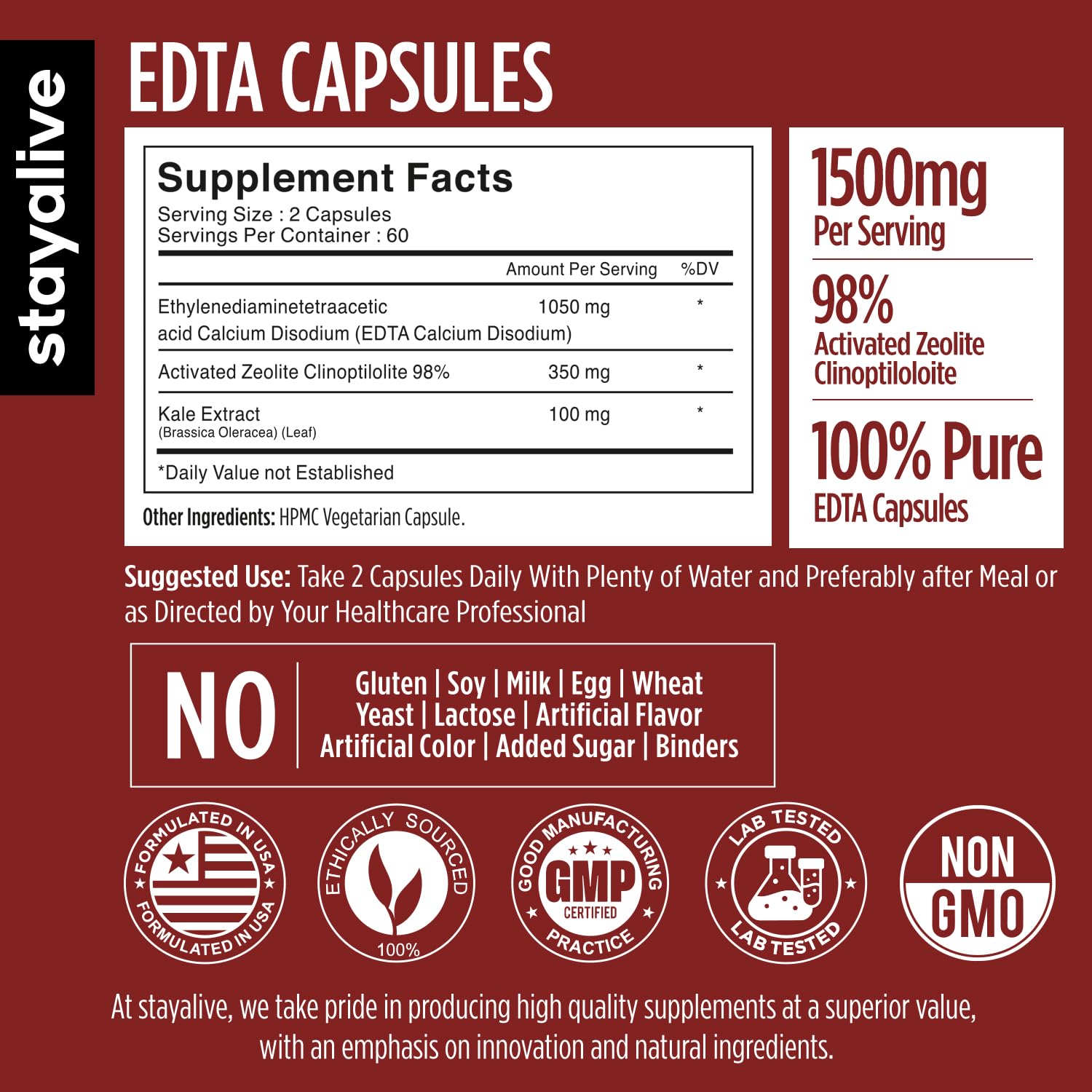 STAY ALIVE EDTA Capsules 1500mg with Zeolite 98% and Kale Extract Powder, 120 Pills, Non-GMO & Gluten Free Calcium Disodium EDTA Supplement STAY ALIVE buy supplements canada