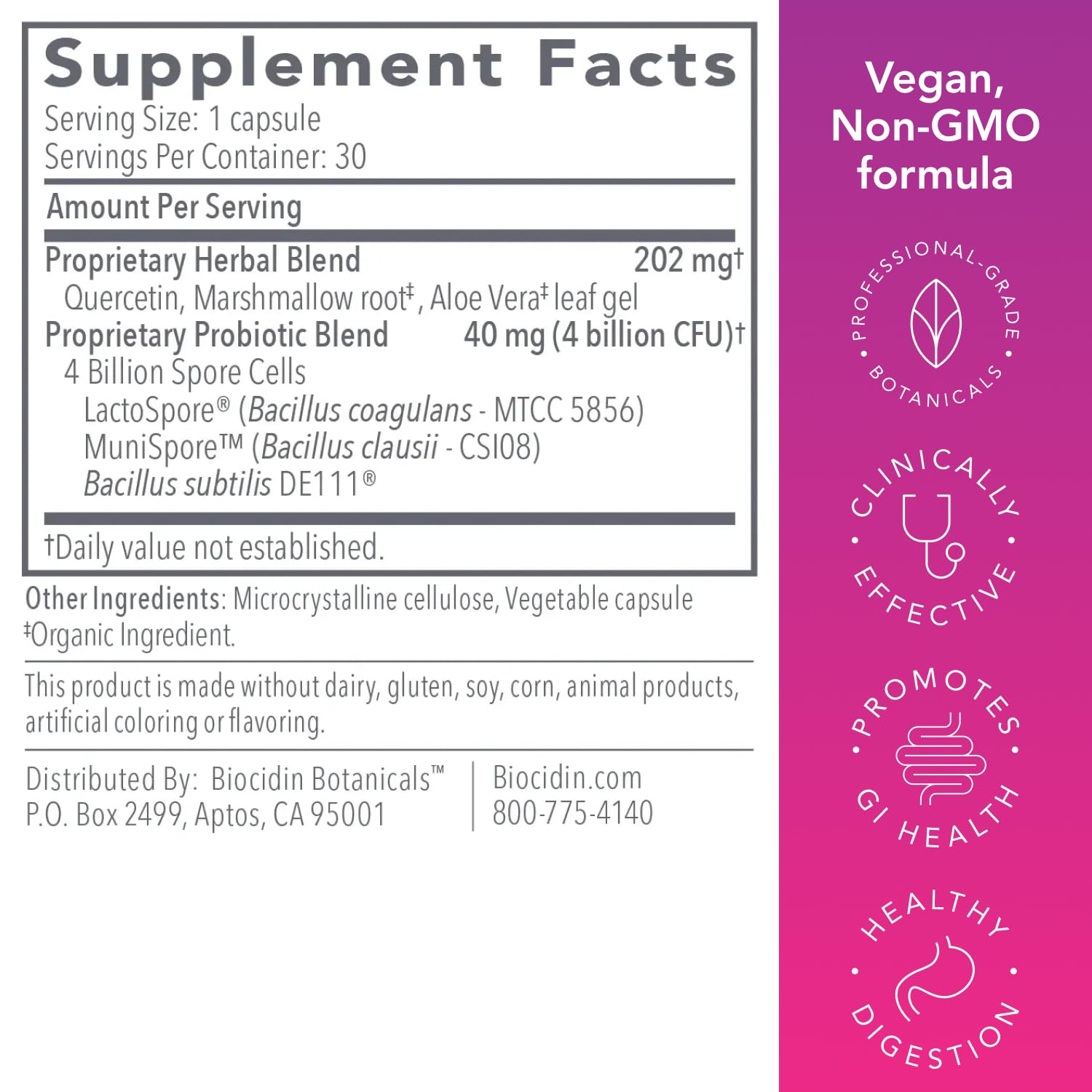 Biocidin Proflora 4R Spore Probiotic - Digestive Health Probiotics for Women & Men - Clinically Researched Bacillus Strains & Organic Aloe, Marshmallow Root for Gut Support (30 Vegan Capsules) Bio-Botanical Research buy supplements canada