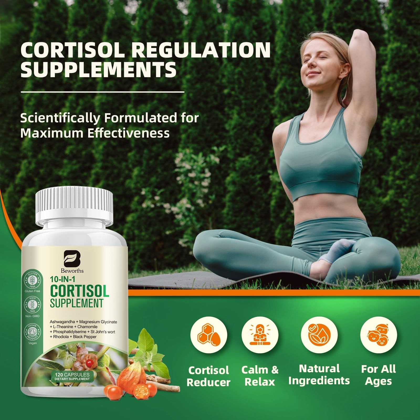 B BEWORTHS Cortisol Supplements for Women Men, 10-in-1 Cortisol Detox with Ashwagandha, Magnesium, L-Theanine, Balanced Cortisol Levels, Night & Calm Support, 120 Vegan Capsules B BEWORTHS buy supplements canada