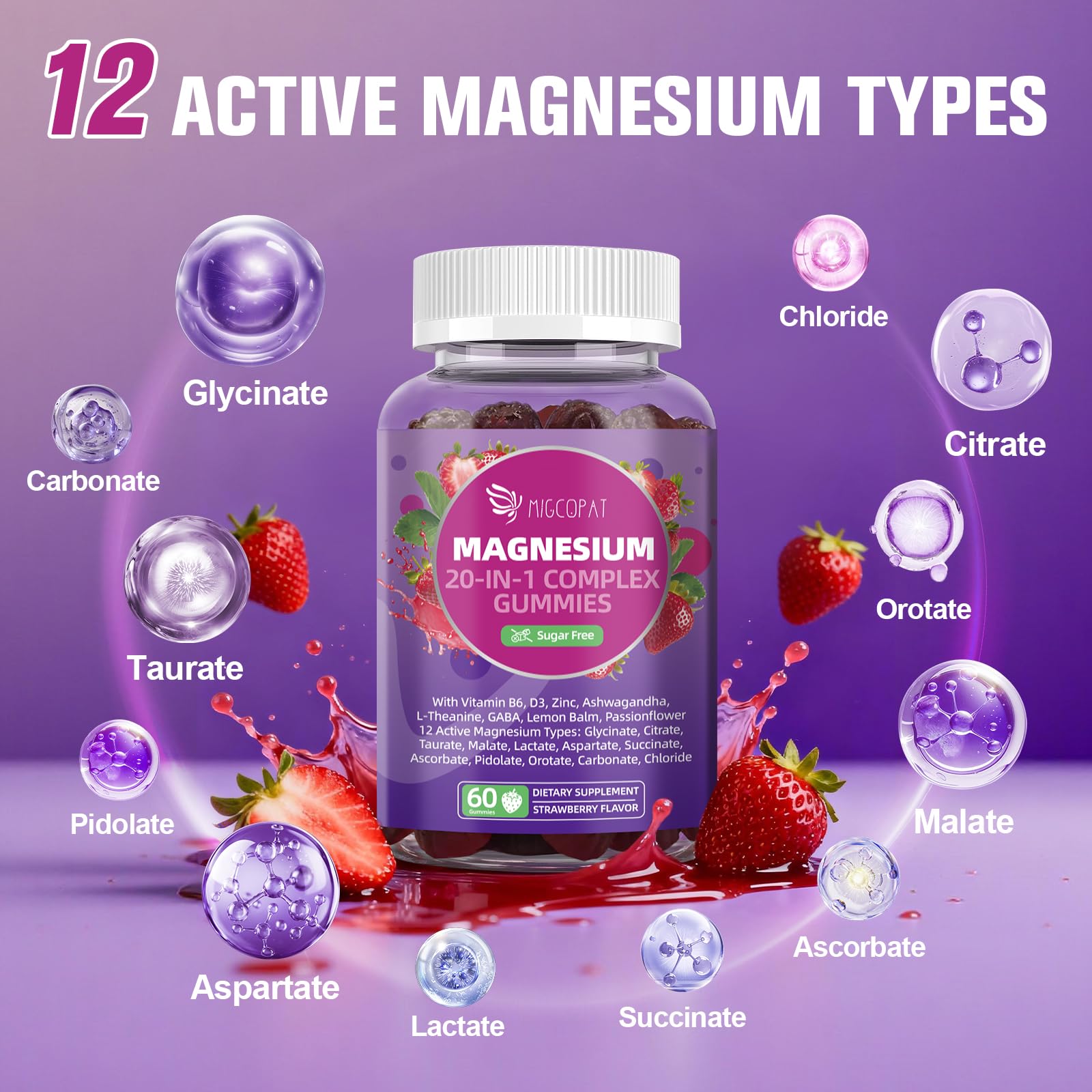 Migcopat Magnesium Complex Gummies, 20 in 1 Magnesium Gummy with Glycinate Citrate Malate Taurate - Ashwagandha, L-Theanine, D3&Zinc for Relaxation, Migcopat buy supplements canada