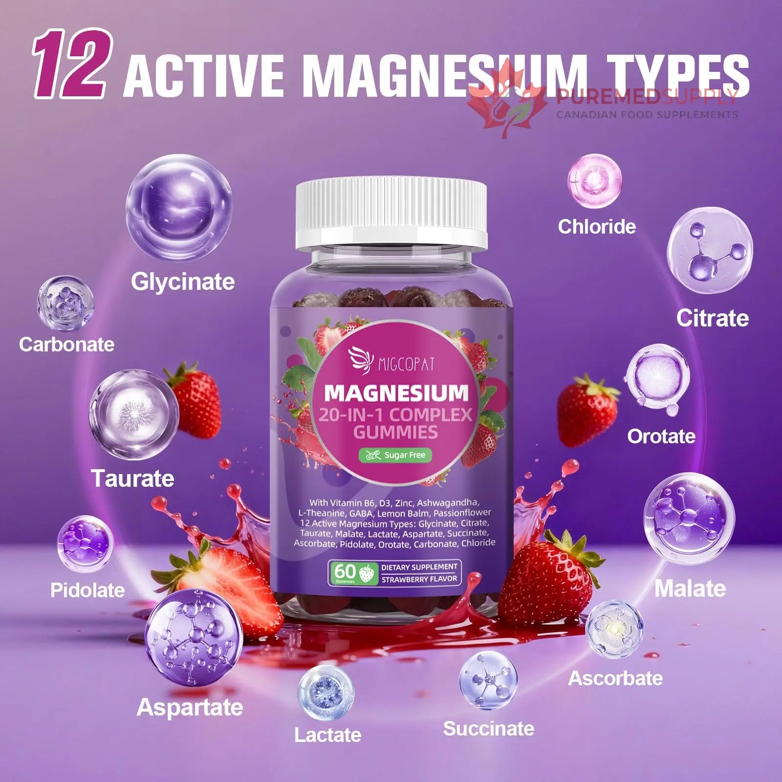 Migcopat Magnesium Complex Gummies, 20 in 1 Magnesium Gummy with Glycinate Citrate Malate Taurate - Ashwagandha, L-Theanine, D3&Zinc for Relaxation, Sleep, Muscle&Heart Support, Strawberry, 60 Cts Migcopat buy supplements canada