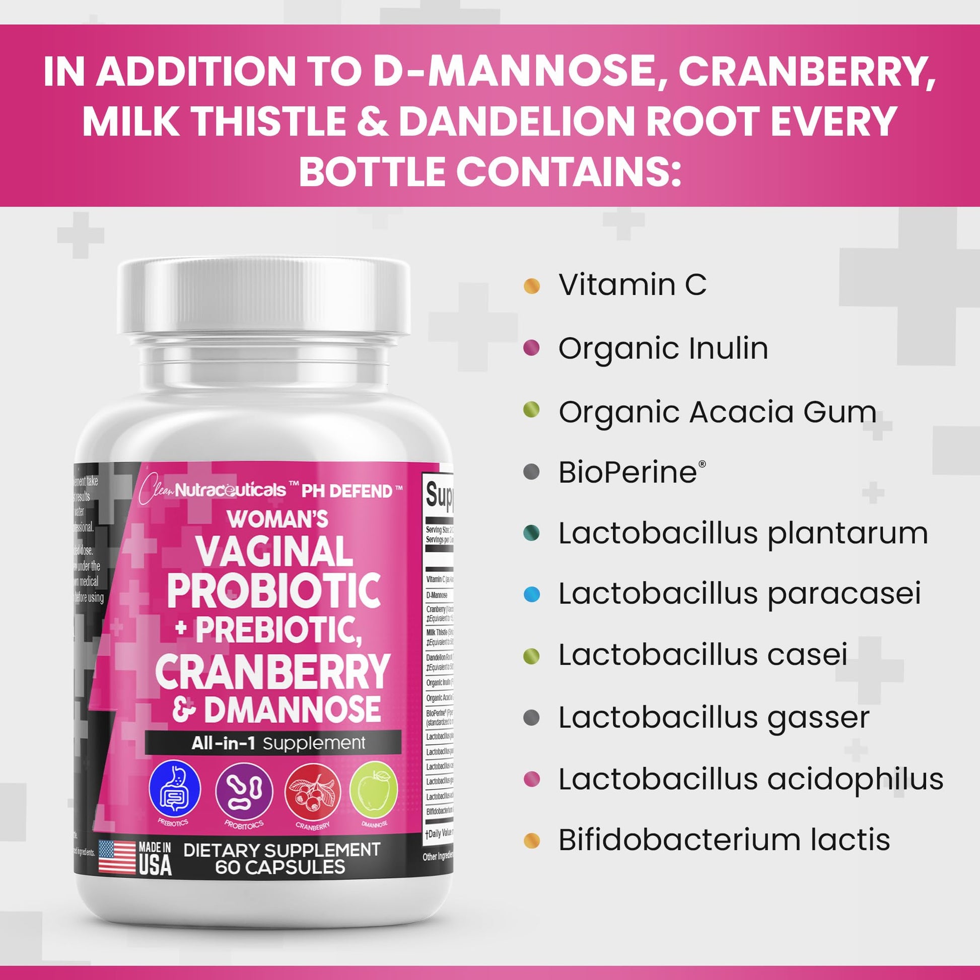 Vaginal Probiotics For Women + Prebiotics 20 Billion Cranberry Pills 30,000mg w/ D-Manno Clean Nutraceuticals buy supplements canada