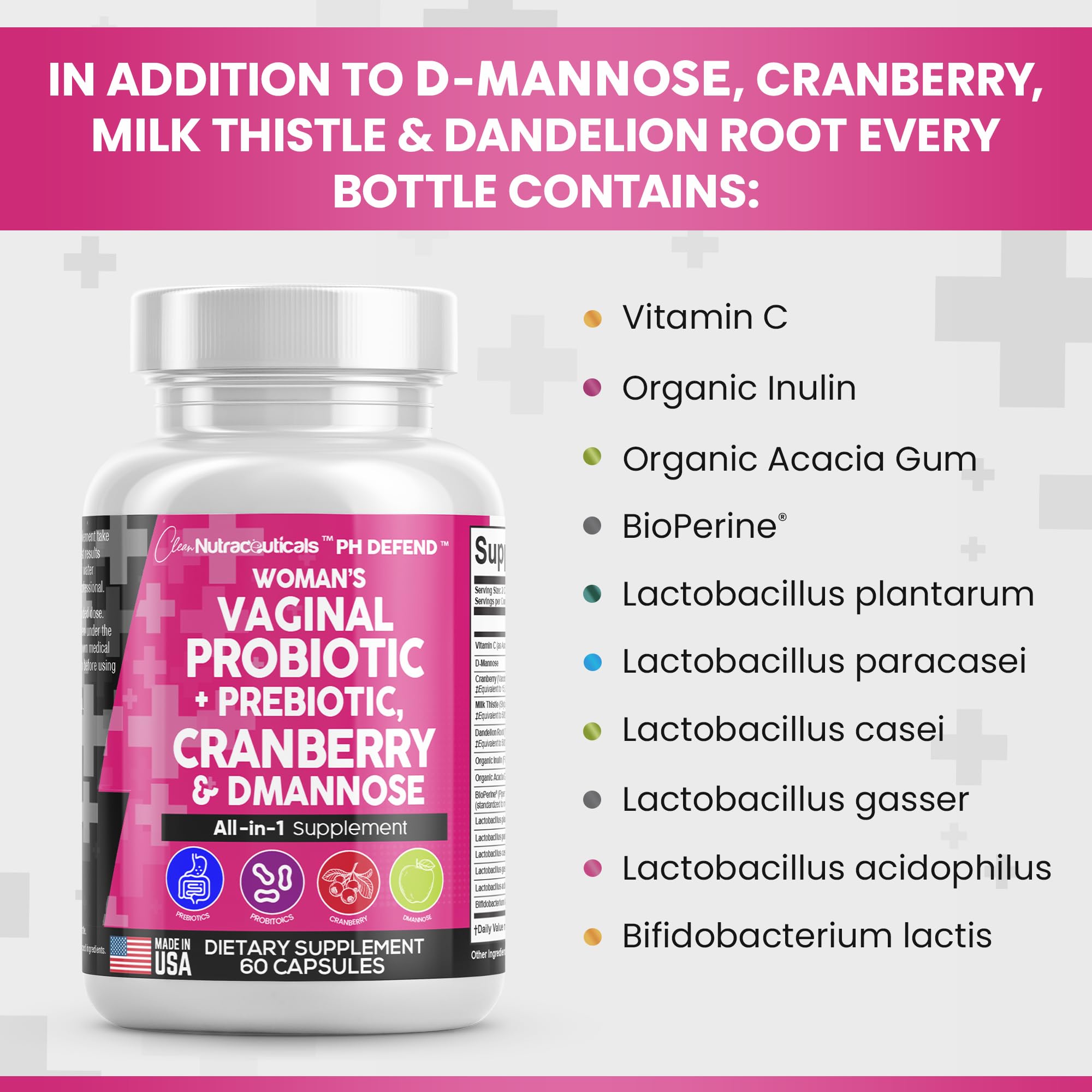 Vaginal Probiotics For Women + Prebiotics 20 Billion Cranberry Pills 30,000mg w/ D-Manno Clean Nutraceuticals buy supplements canada