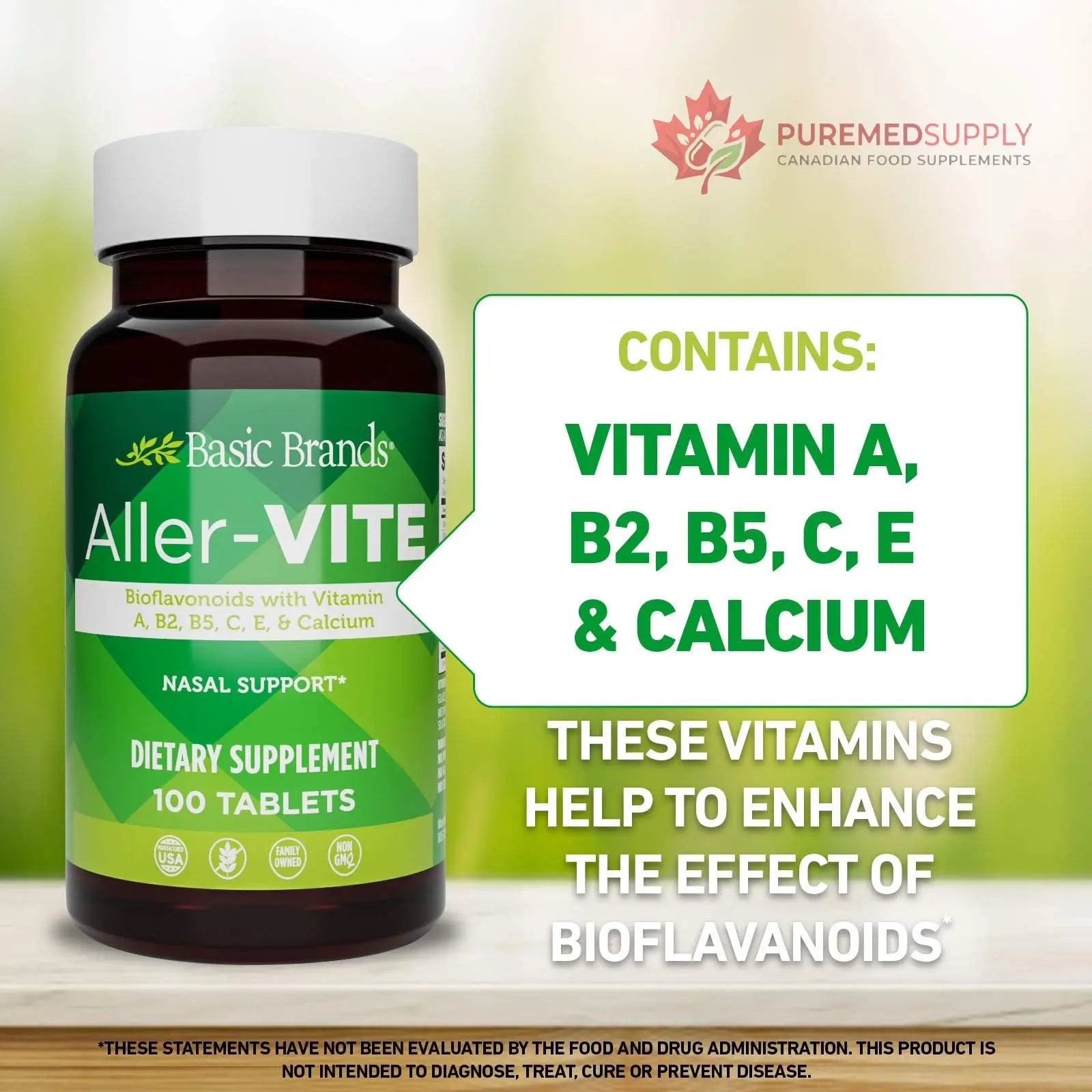 Basic Brands Aller Vite Nasal Support Tablets for Seasonal Allergy Relief, High Bioflavonoid Complex with Vitamins and Calcium, Gluten Free Daily Supplement, 100 Tablets Basic Brands buy supplements canada