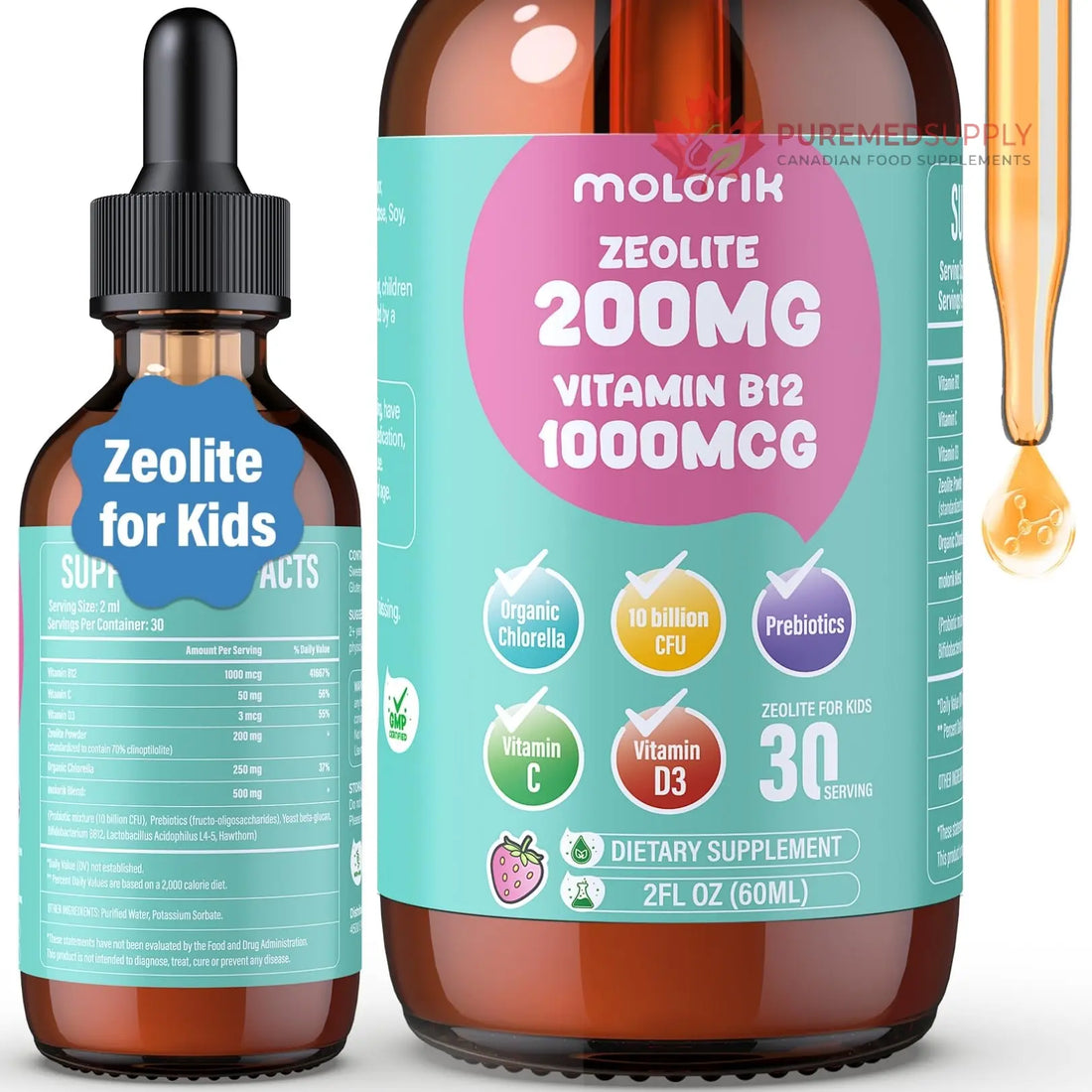 Zeolite Detox for Kids and Adults, 200mg Zeolite Liquid Drops with 1000mcg Vitamin B12, Organic Chlorella, 10 billion CFU & Prebiotics for Gut Support & Speech, Immune, Bone, Energy*, Strawberry, 60ML molorik pure buy supplements canada