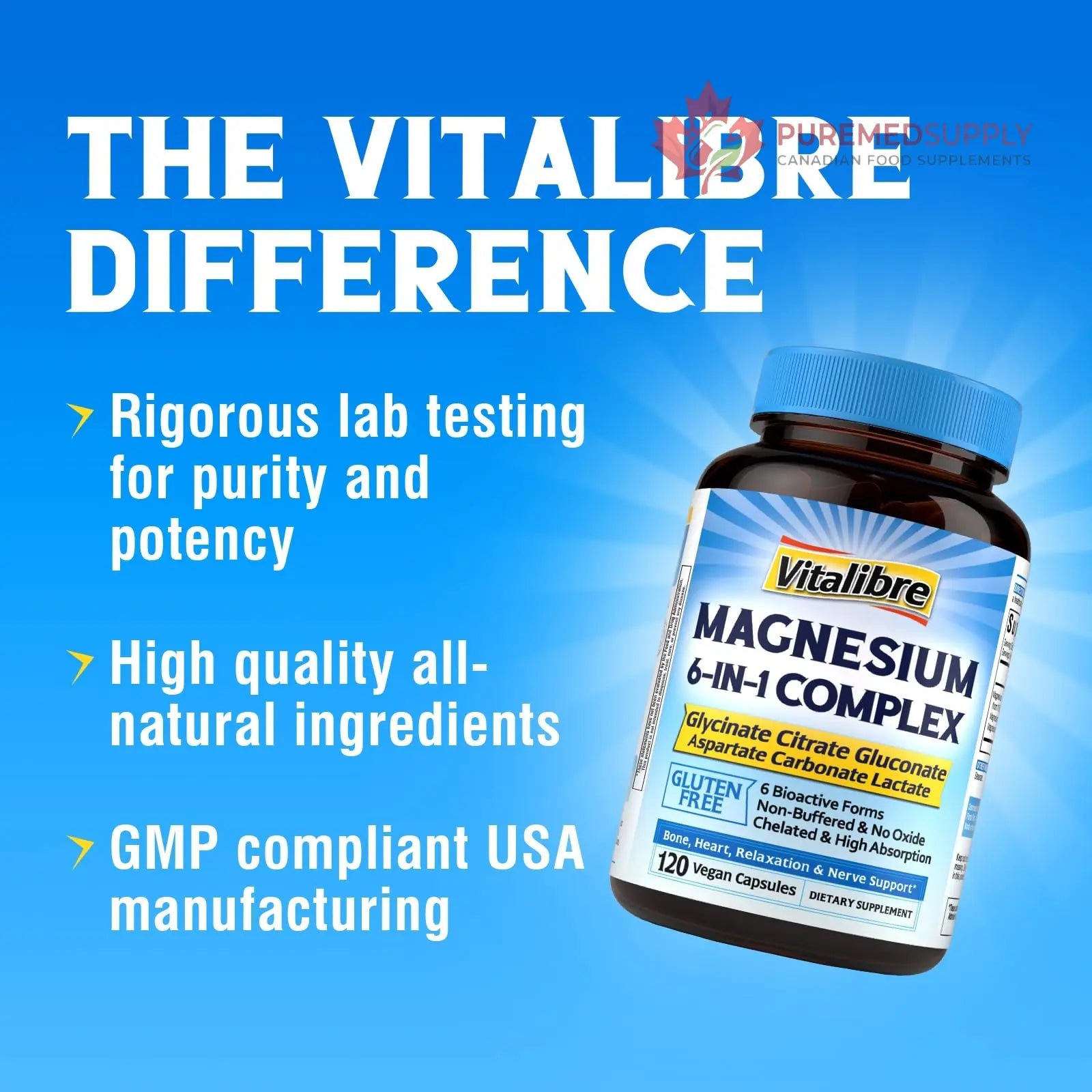 Vitalibre 6 in 1 Magnesium Complex for Women Men, 260mg Elemental Magnesium | Max Absorption | Chelated Magnesium Supplement for Bone, Relaxation & Nerves Support | Non-GMO, 120 Vegan Capsules Vitalibre buy supplements canada