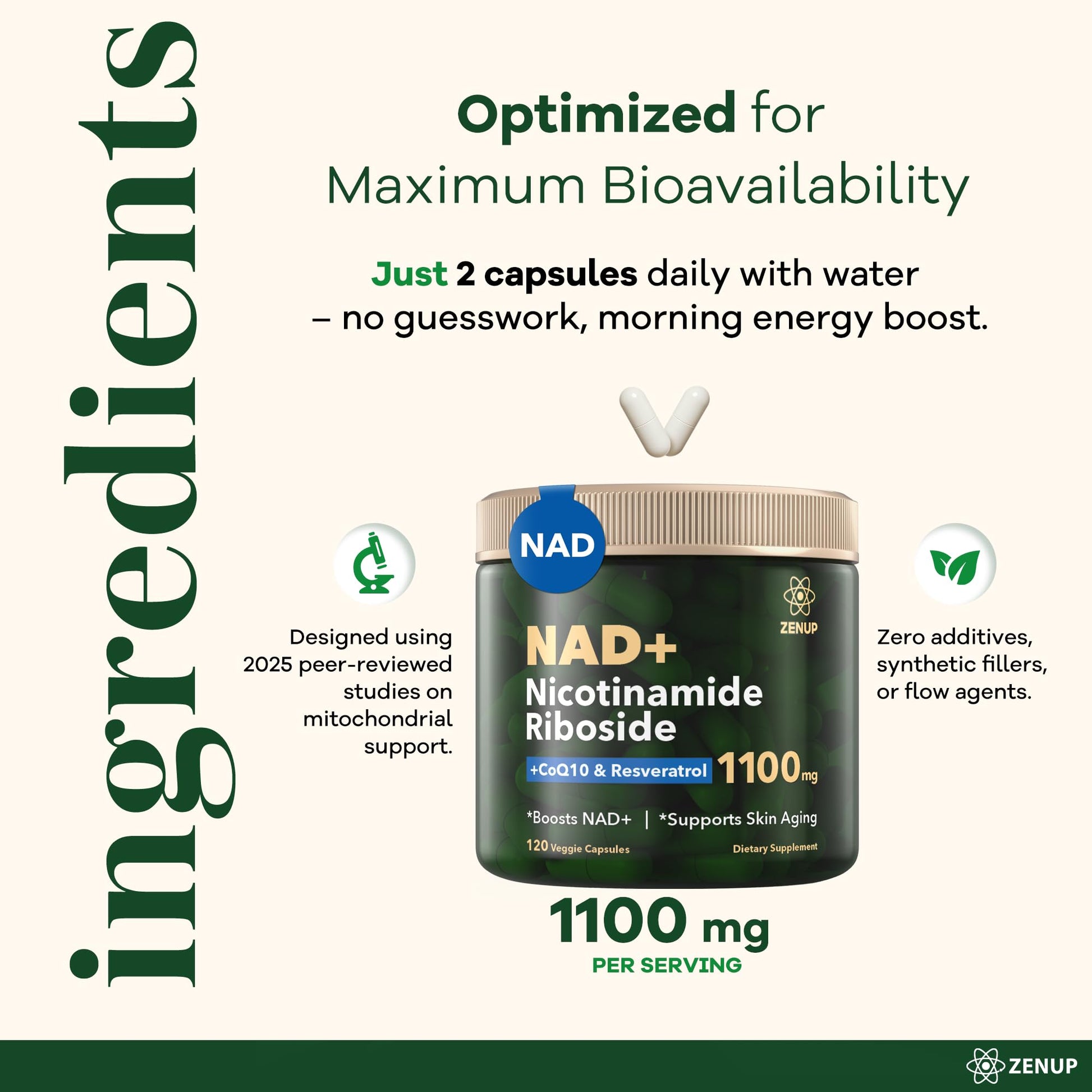 ZenUP NAD+ Supplement | 1100mg Liposomal Nicotinamide Riboside with Resveratrol & Quercetin | Anti-Aging, Cellular Energy, Mental Focus | 120 Caps ZenUP buy supplements canada